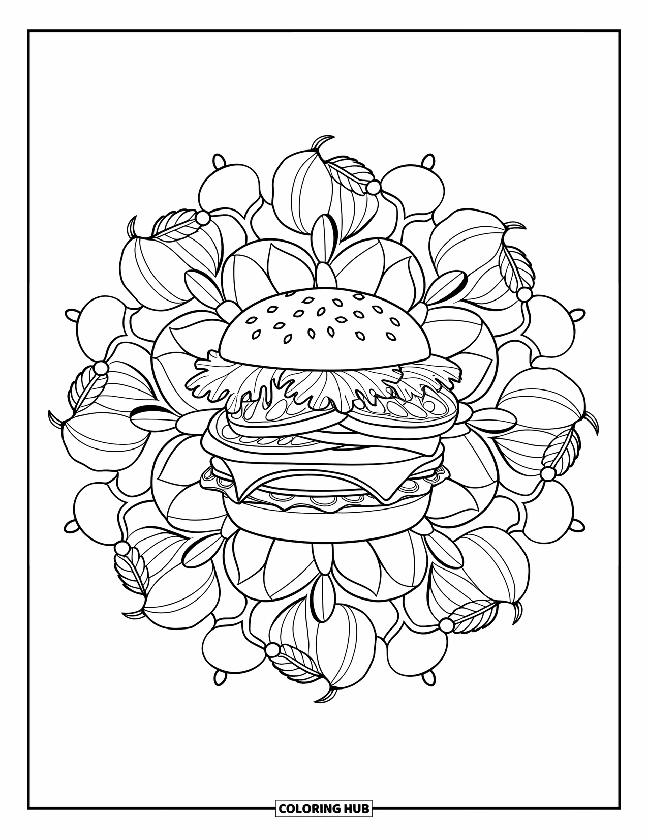 Hamburger Coloring Page for Adults: Mandala of herbs and seeds surrounds a stacked hamburger
