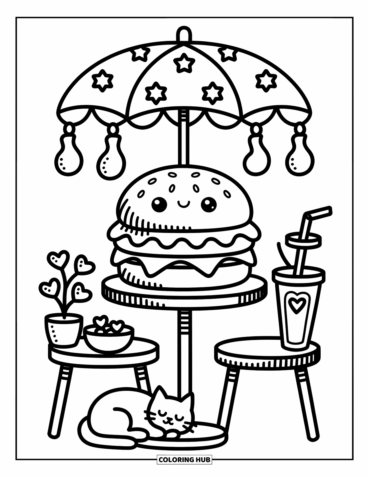 Hamburger Coloring Page for Adults: Patio scene with a hamburger, heart-leaf plants, and a cat napping under a star umbrella