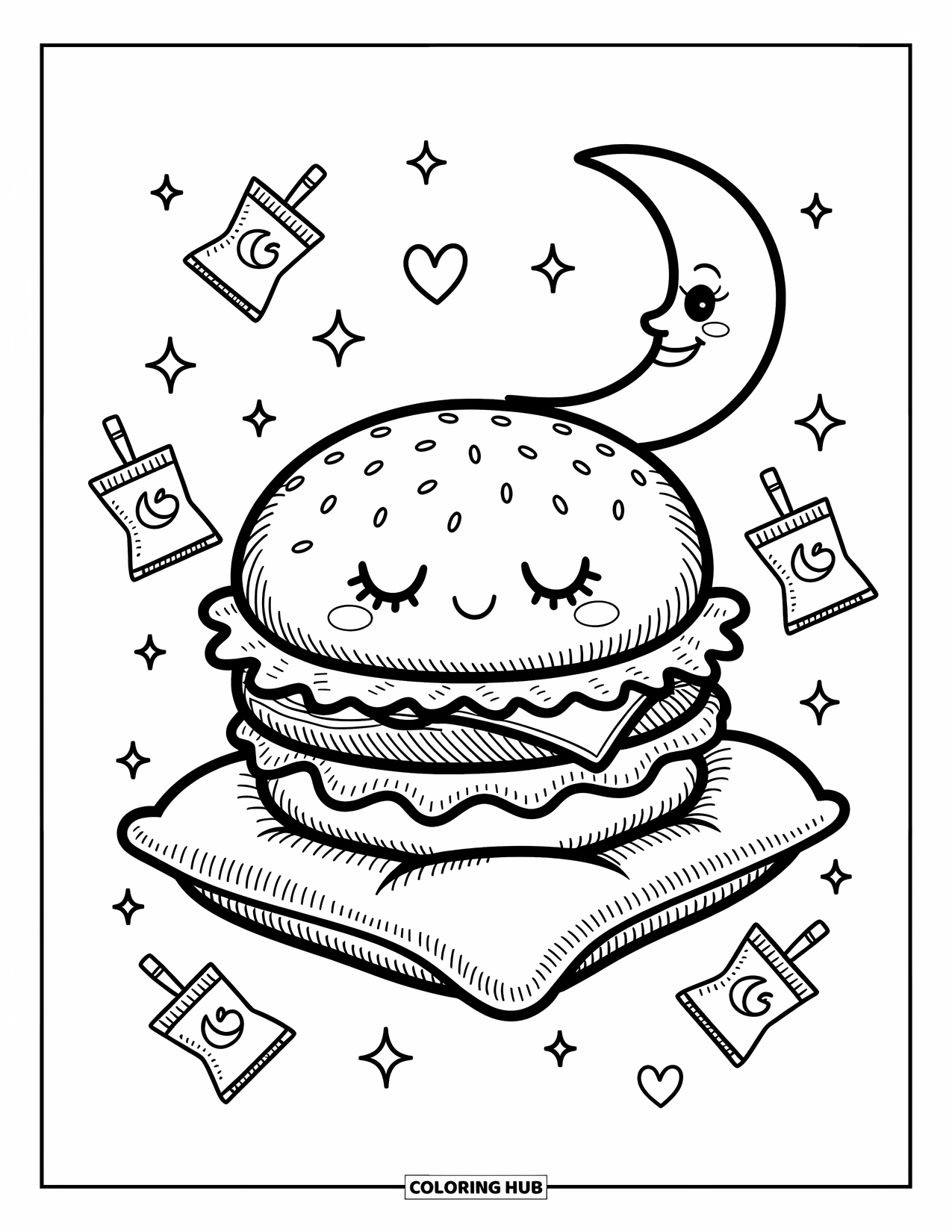 Hamburger Coloring Page for Adults: Sleepy burger floats on a cloud with star-shaped sauces and a glowing crescent moon