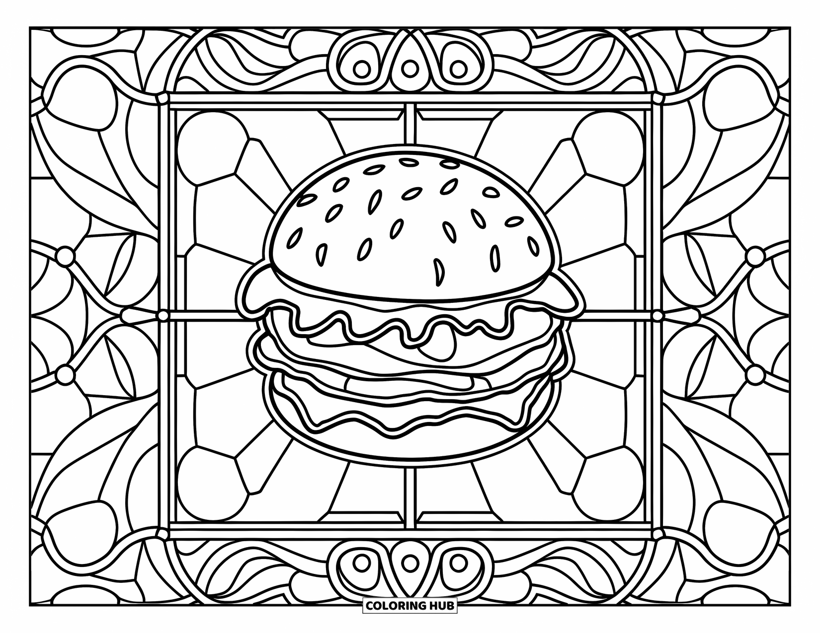 Hamburger Coloring Page for Adults: Stained-glass panel with a cozy picnic theme and a hamburger in the center