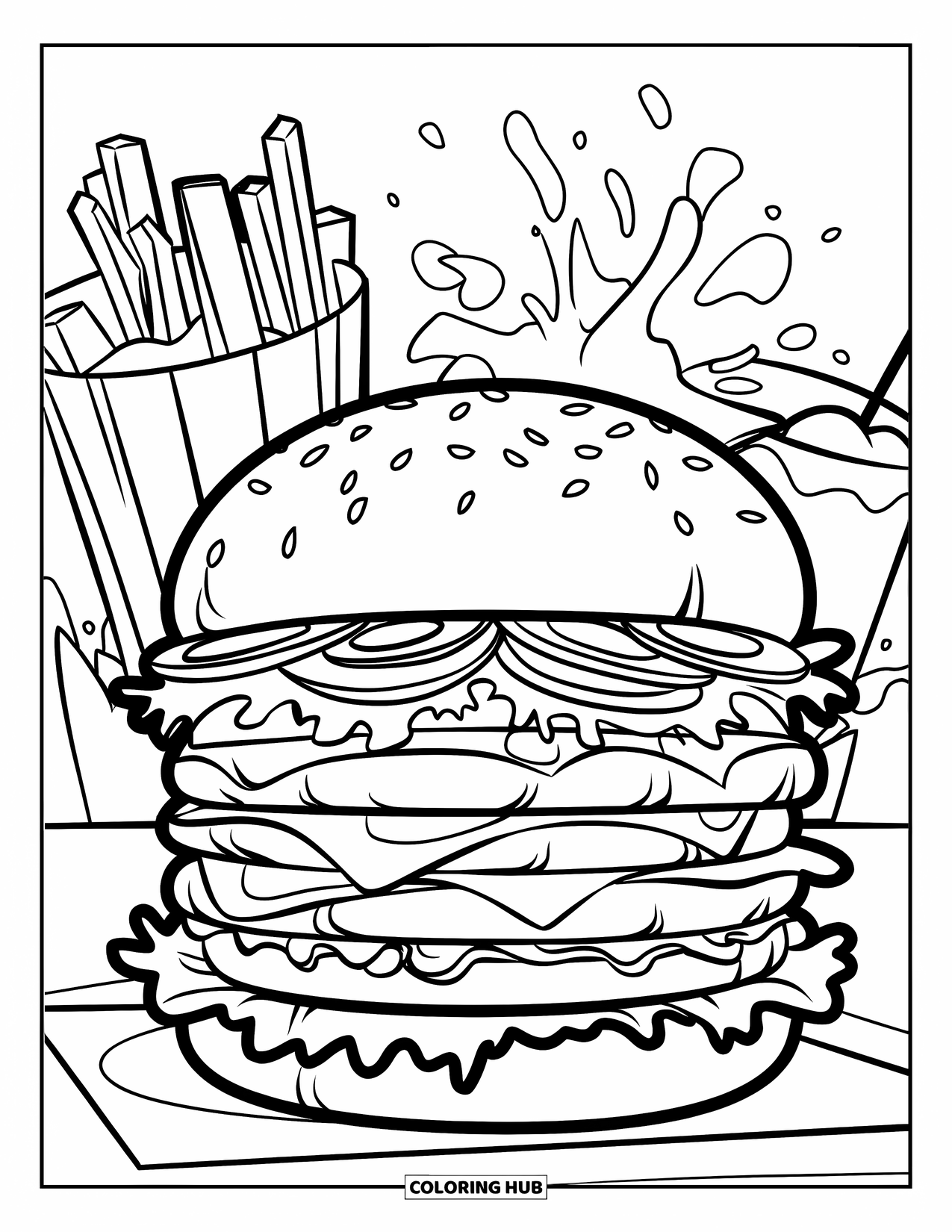 Hamburger Coloring Page for Kids: Big juicy burger with toppings, fries, and soda splash