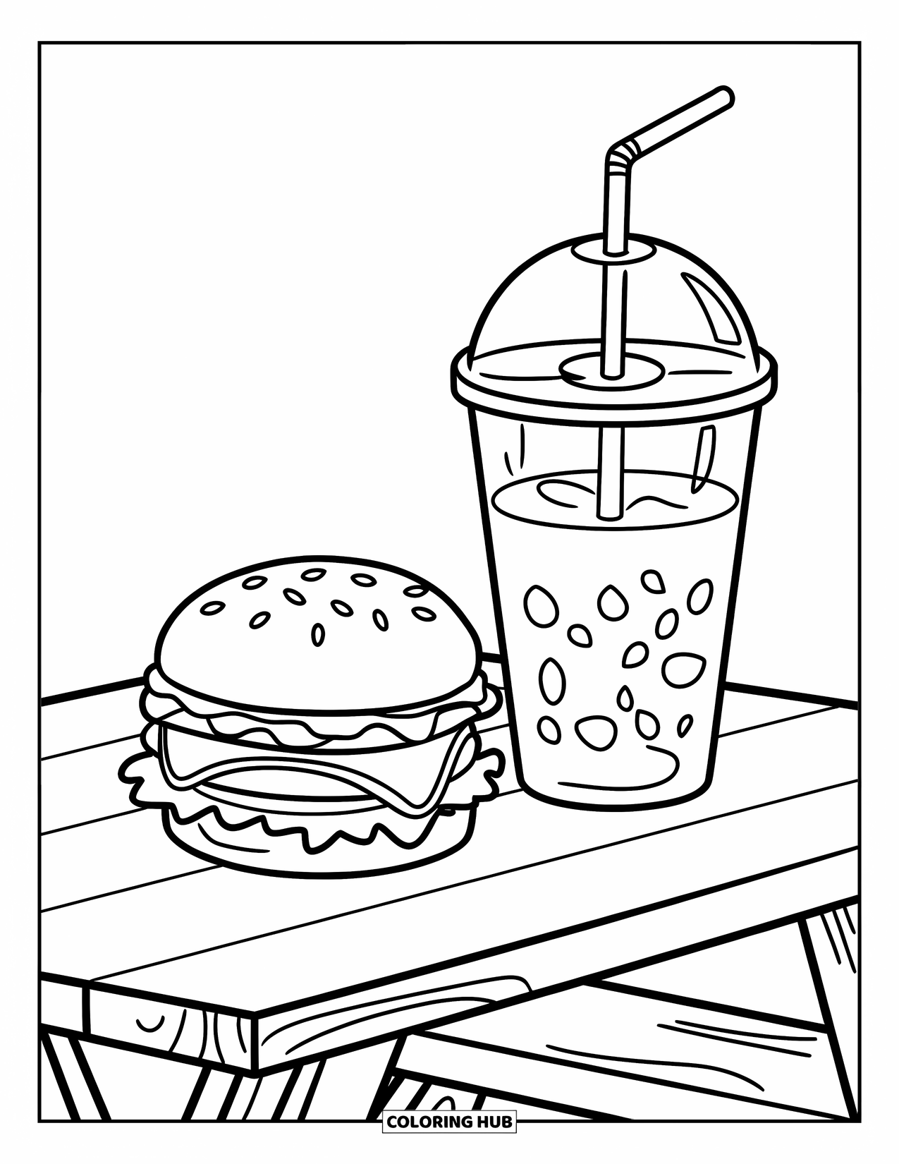 Hamburger Coloring Page for Kids: Burger and drink with bold outlines on a picnic table with simple patterns