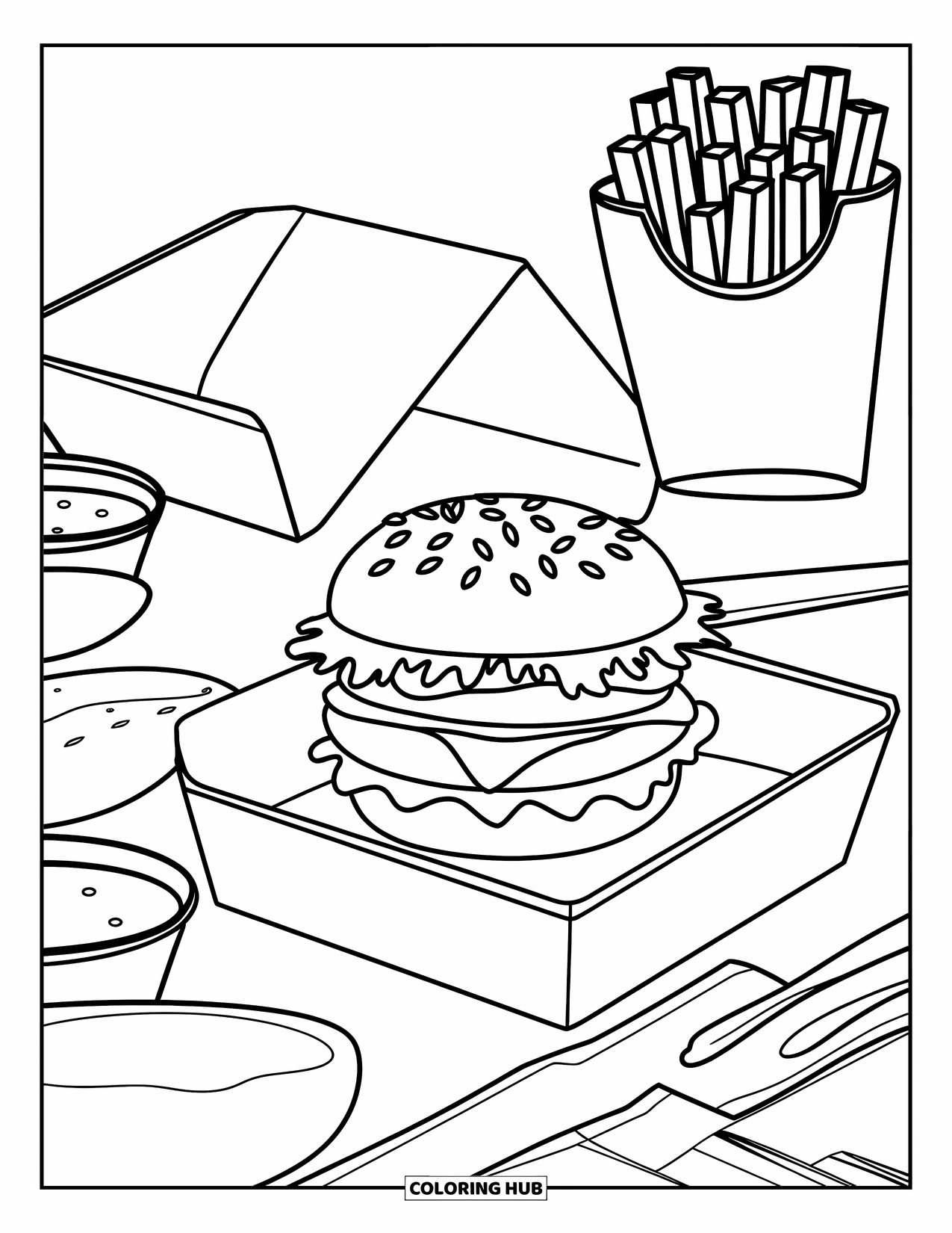 Hamburger Coloring Page for Kids: Burger-in-a-box with fries, sauces, and a napkin