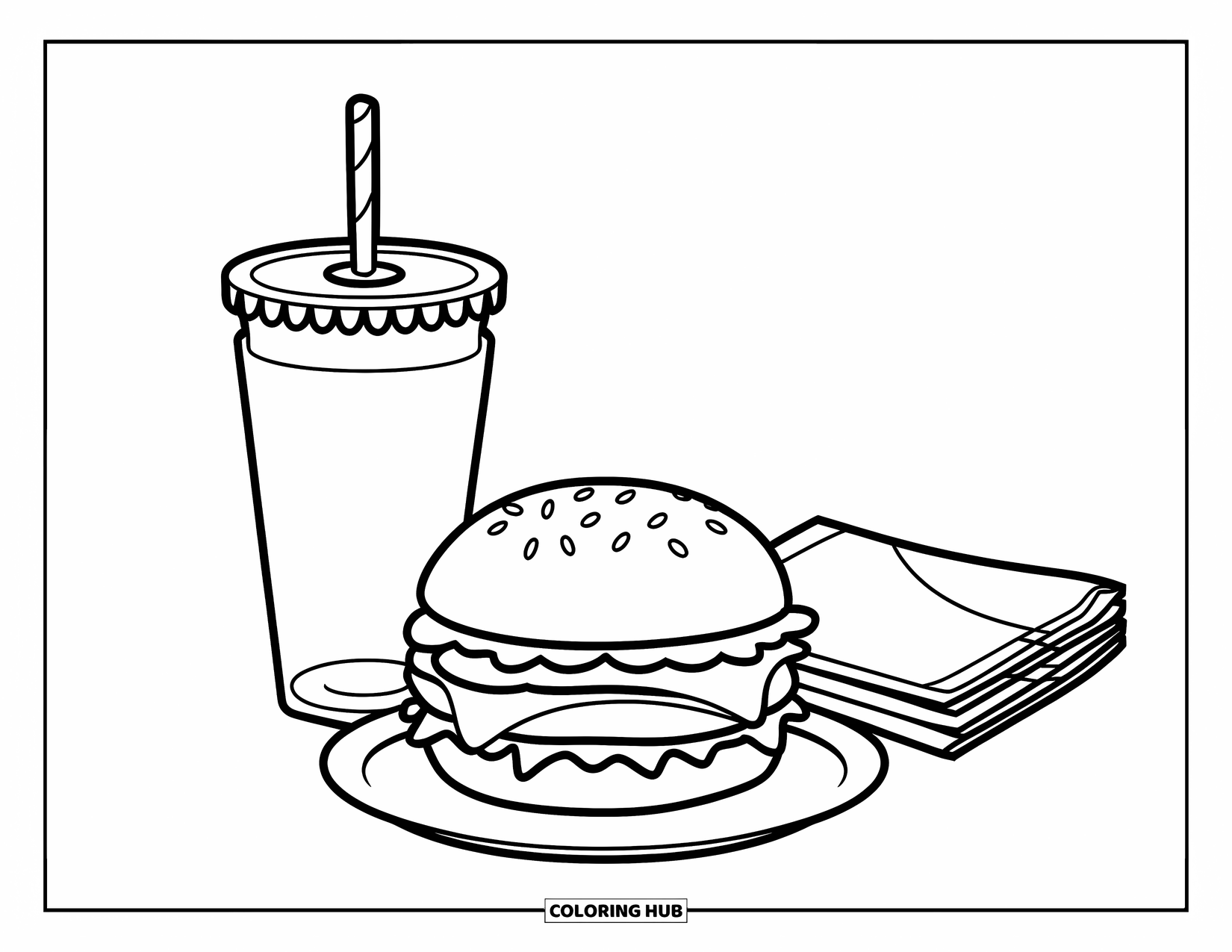 Hamburger Coloring Page for Kids: Burger, soda with swirly straw, and napkin stack