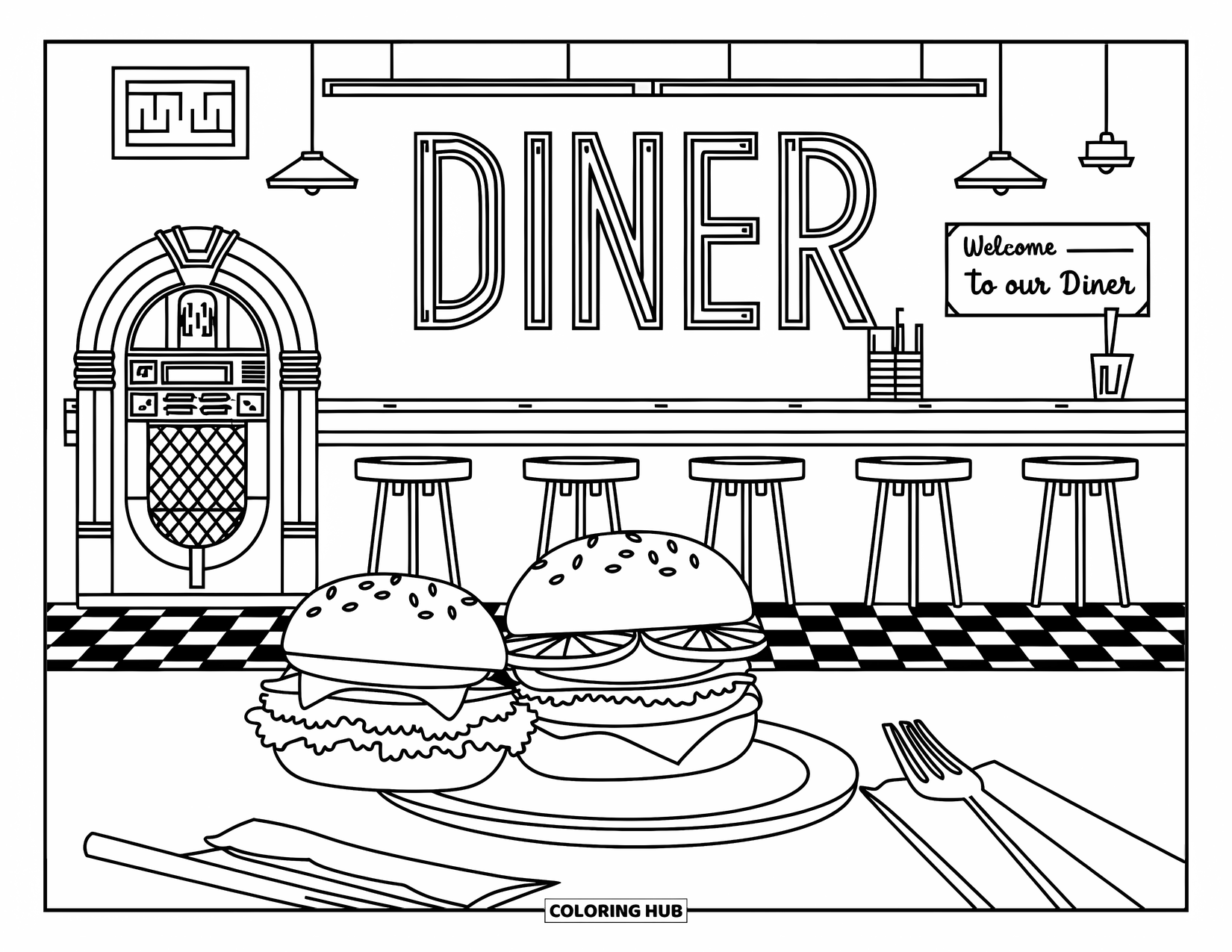 Hamburger Coloring Page for Kids: Burgers on a counter in a diner with fun retro decor