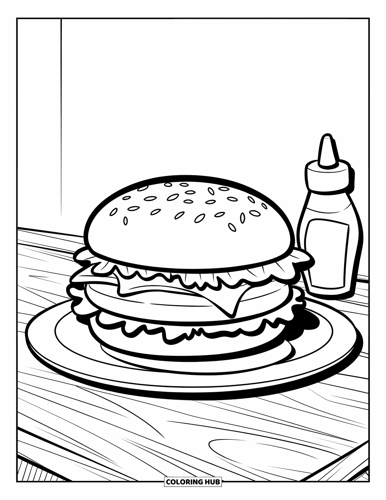 Hamburger Coloring Page for Kids: Cheesy hamburger with lettuce and a ketchup bottle on a wooden surface