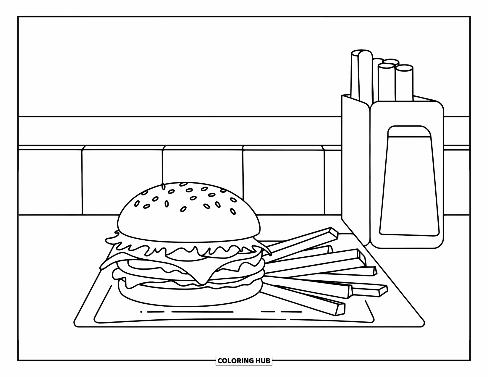 Hamburger Coloring Page for Kids: Classic counter meal with burger, fries, and napkins