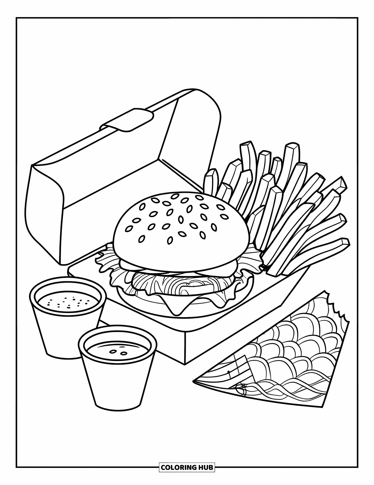 Hamburger Coloring Page for Kids: Cozy burger box with fries and little sauce cups