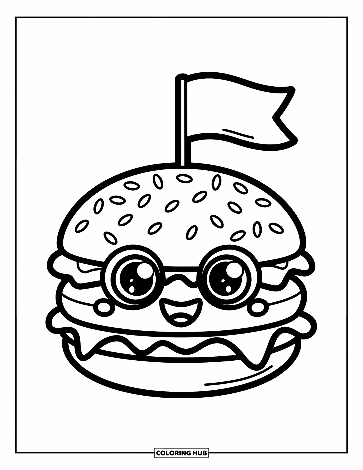 Hamburger Coloring Page for Kids: Cute burger with big eyes, a waving flag, and sesame seeds on top