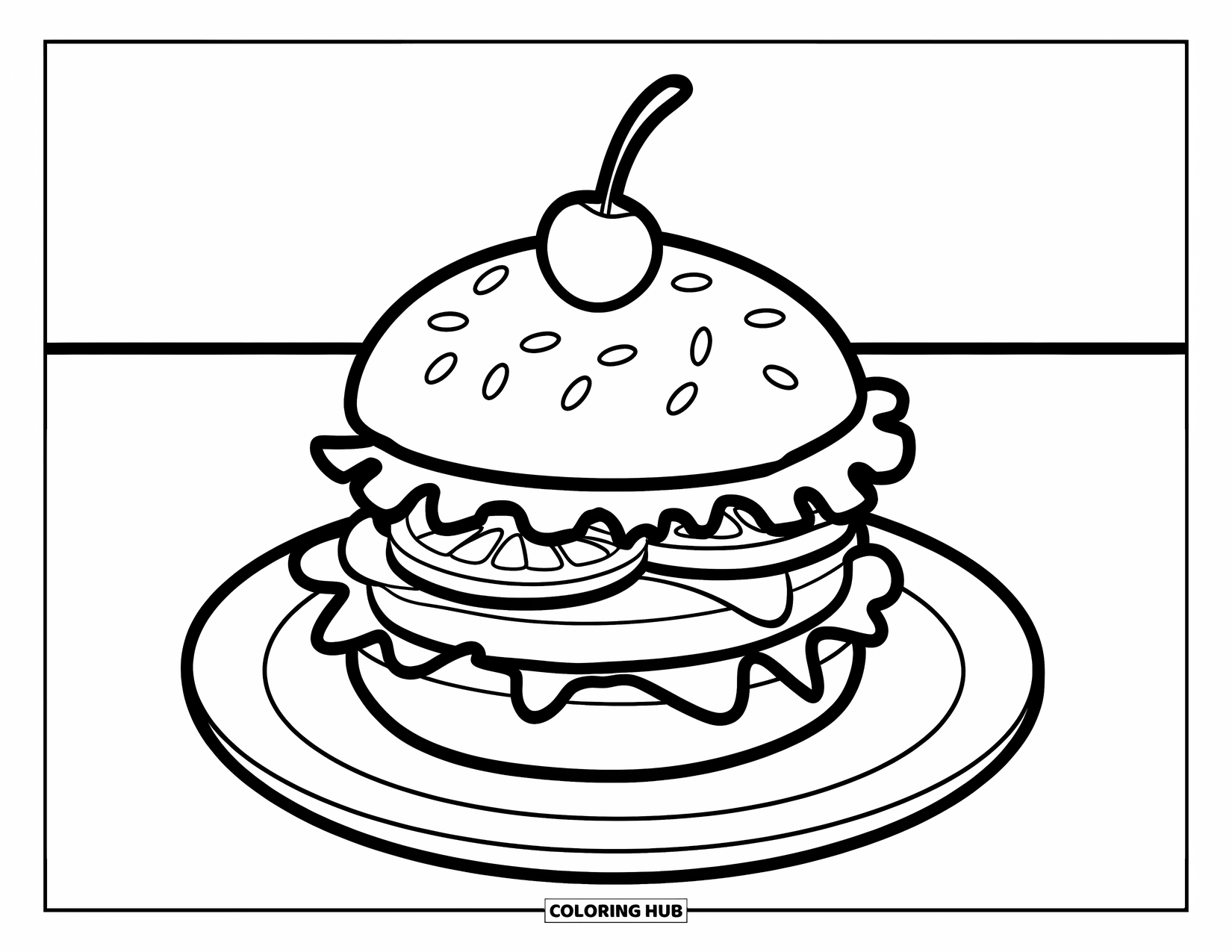 Hamburger Coloring Page for Kids: Cute hamburger with a cherry on top sitting on a plate