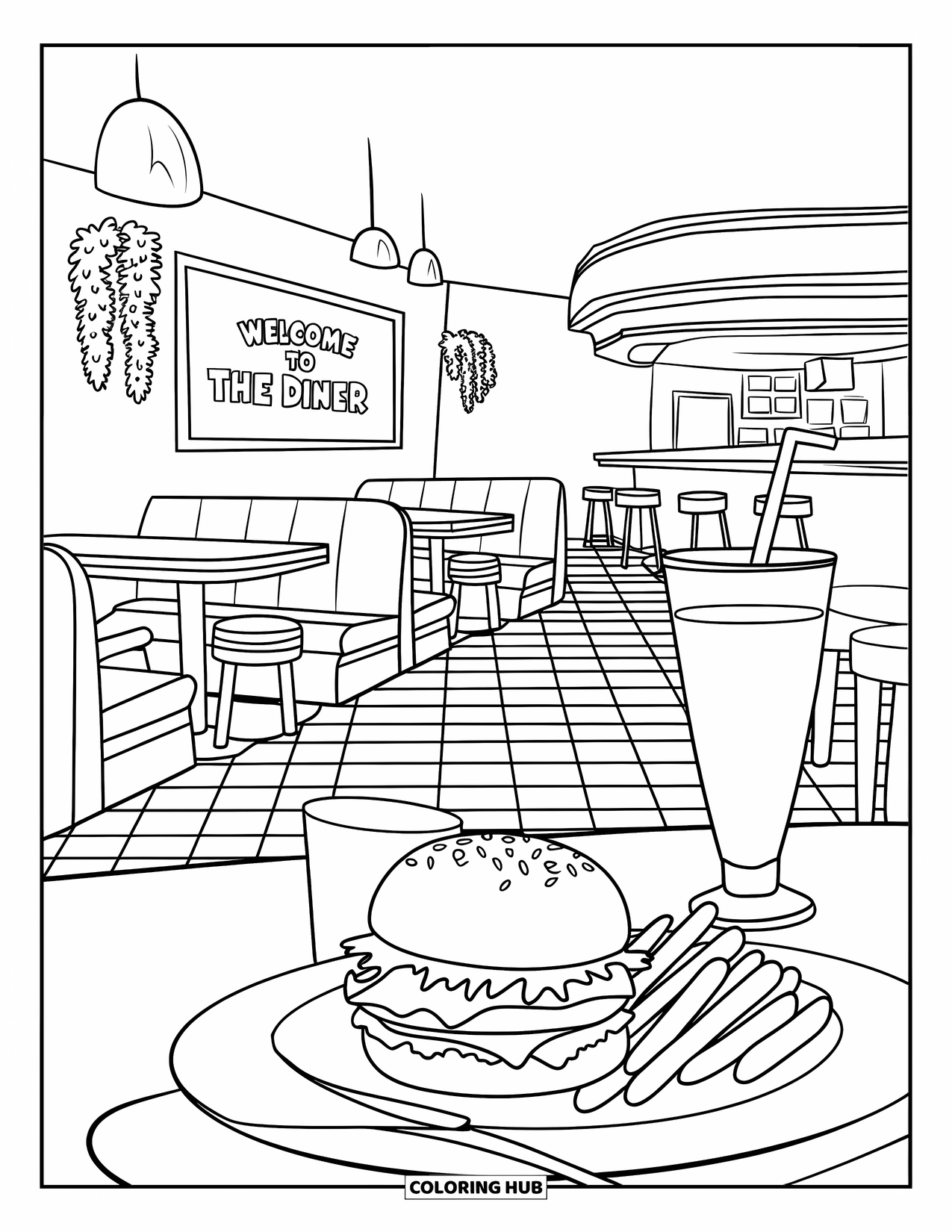 Hamburger Coloring Page for Kids: Diner scene with red booths, a hamburger meal, and a "Welcome to the Diner" sign