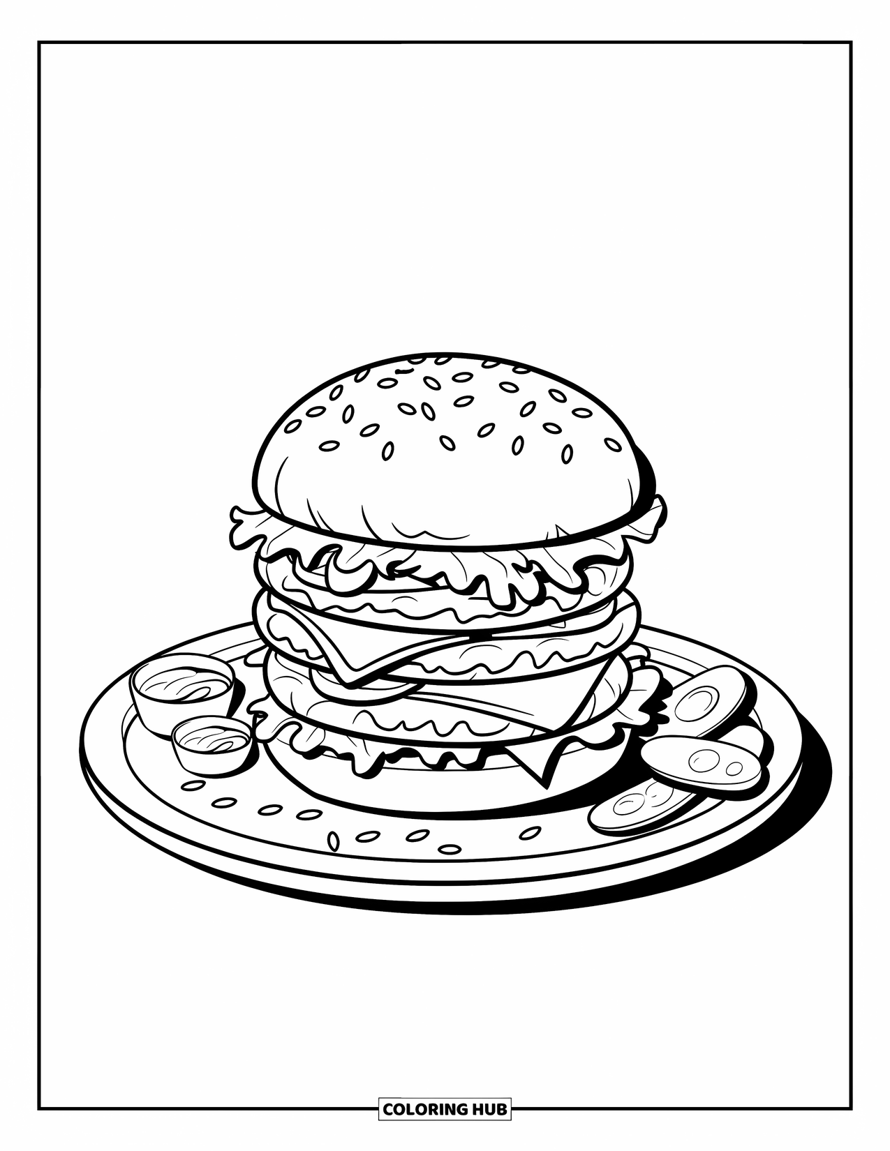 Hamburger Coloring Page for Kids: Double burger with ketchup, mustard, and scattered sesame seeds
