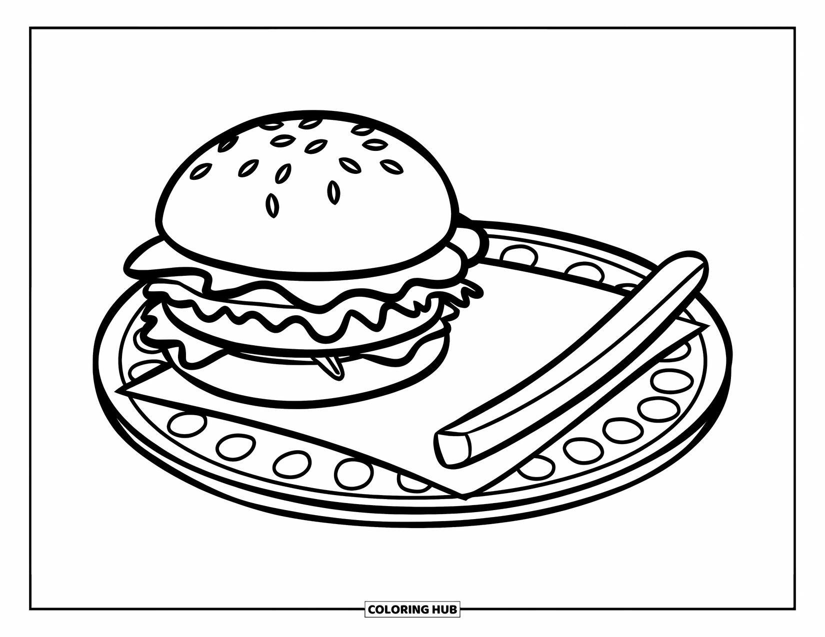 Hamburger Coloring Page for Kids: Hamburger and single fry on a round tray with a dotted pattern