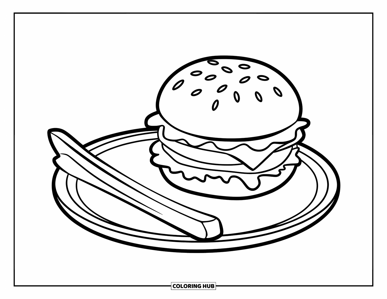 Hamburger Coloring Page for Kids: Hamburger and single fry placed on a round tray with a rim