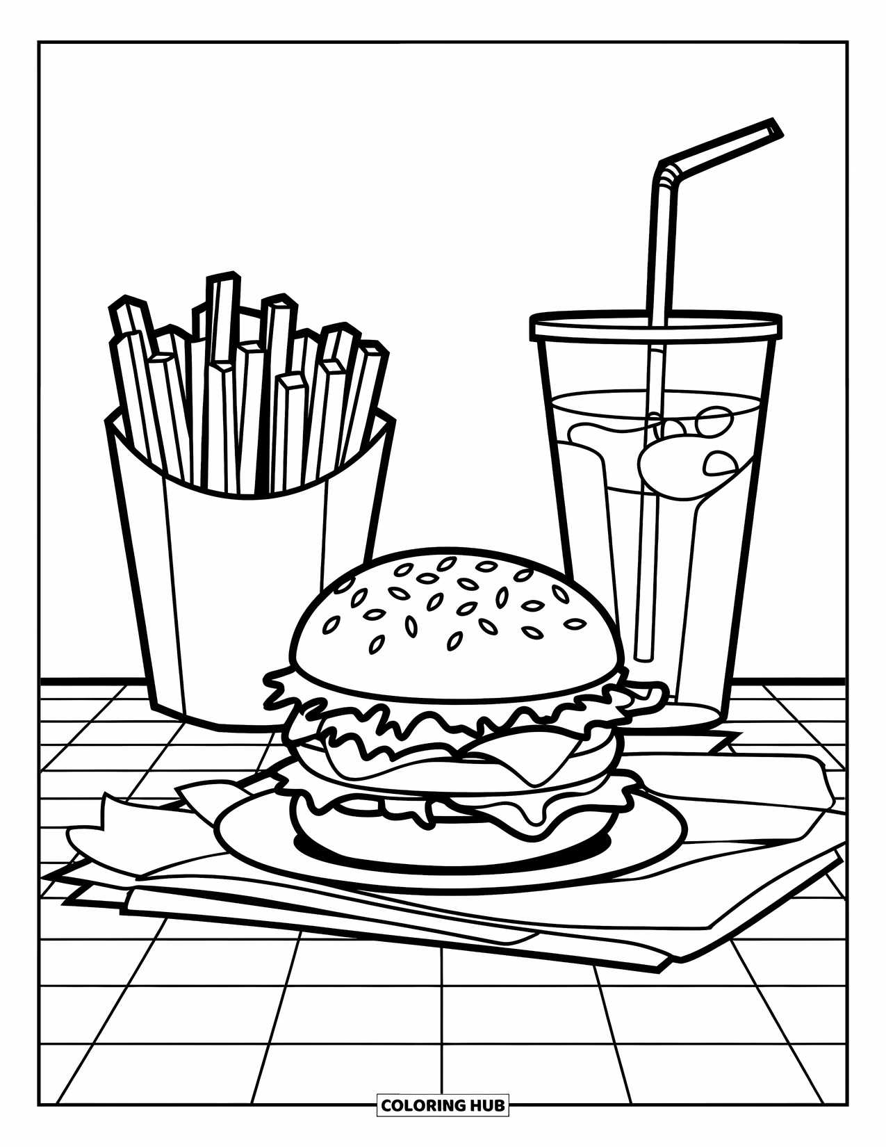 Hamburger Coloring Page for Kids: Hamburger, fries, and drink in a cozy diner with a checkered floor