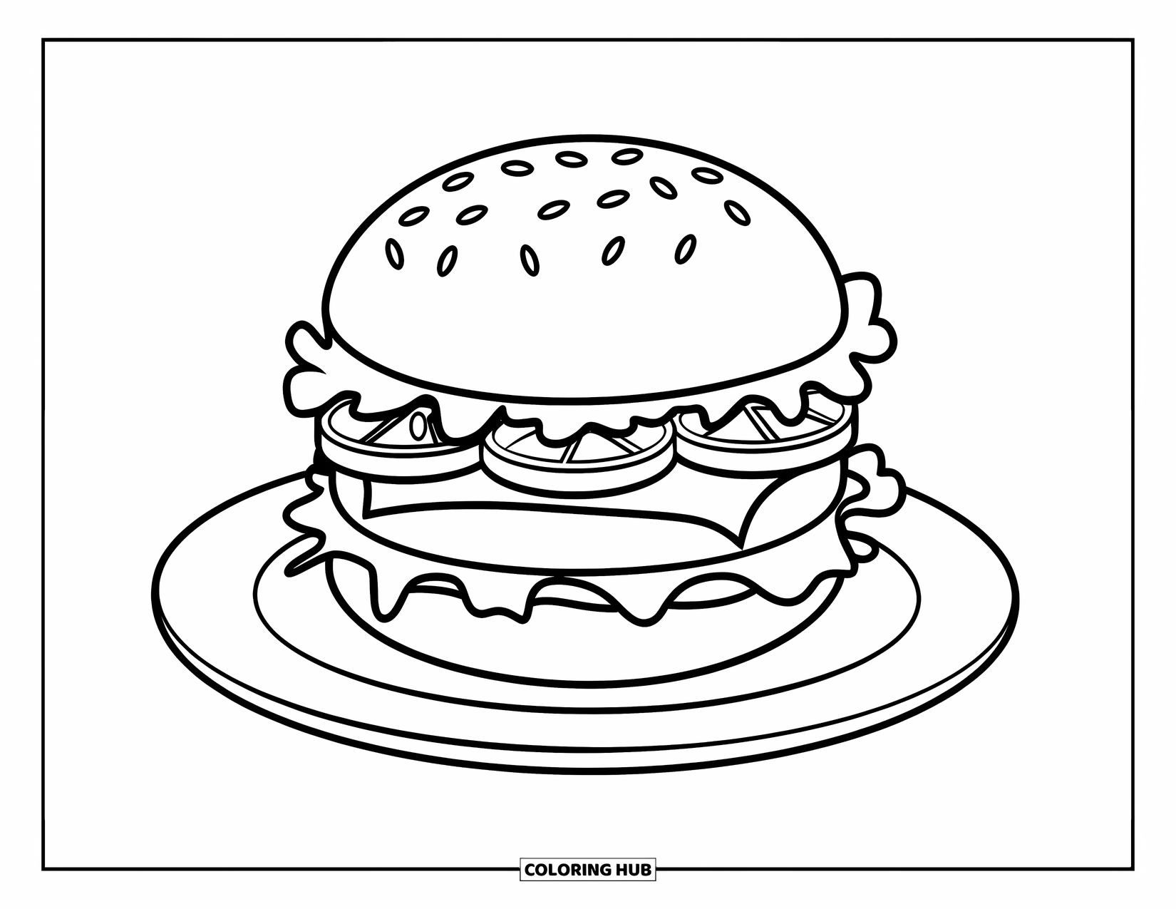 Hamburger Coloring Page for Kids: Hamburger with clean layers placed neatly on a plate