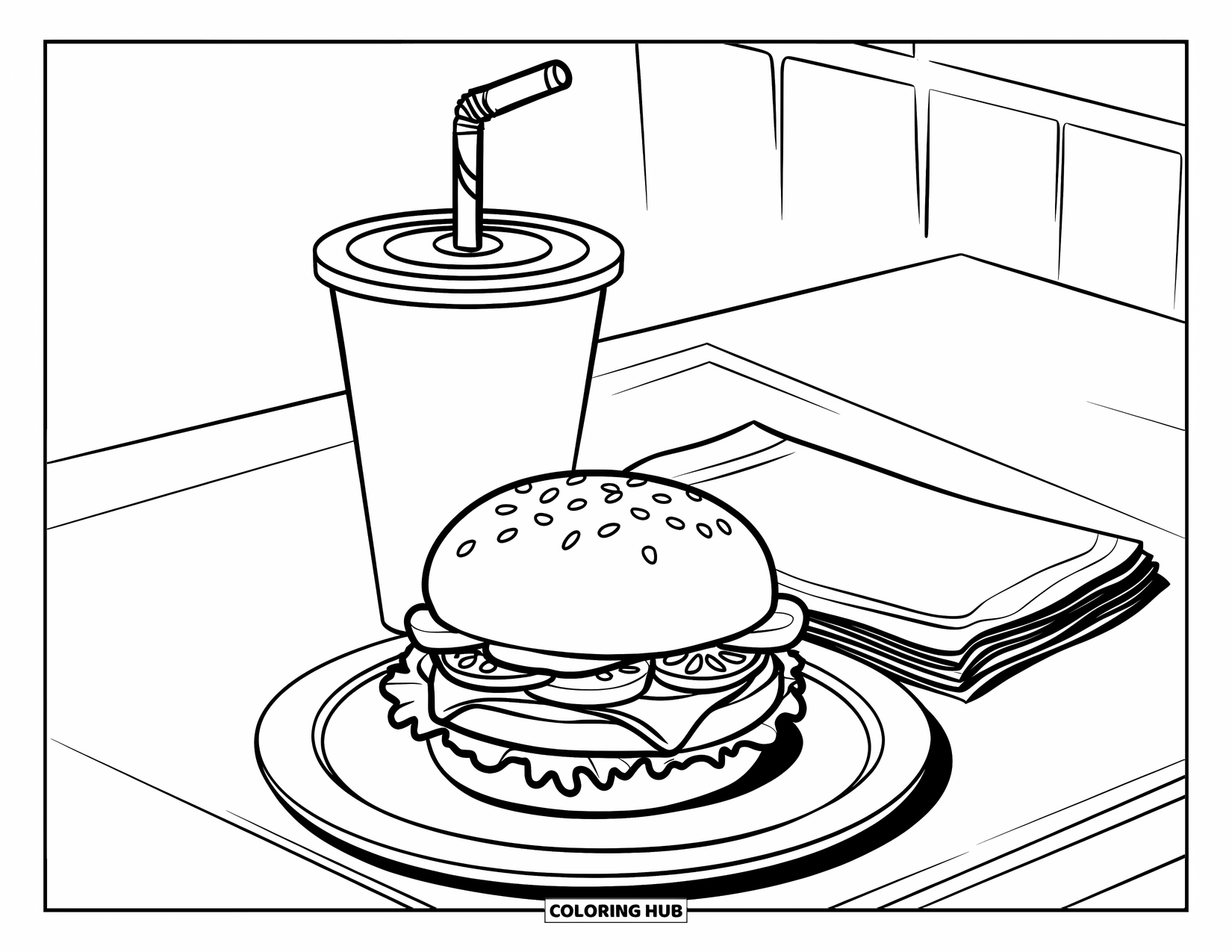 Hamburger Coloring Page for Kids: Juicy burger with soda and stack of folded napkins