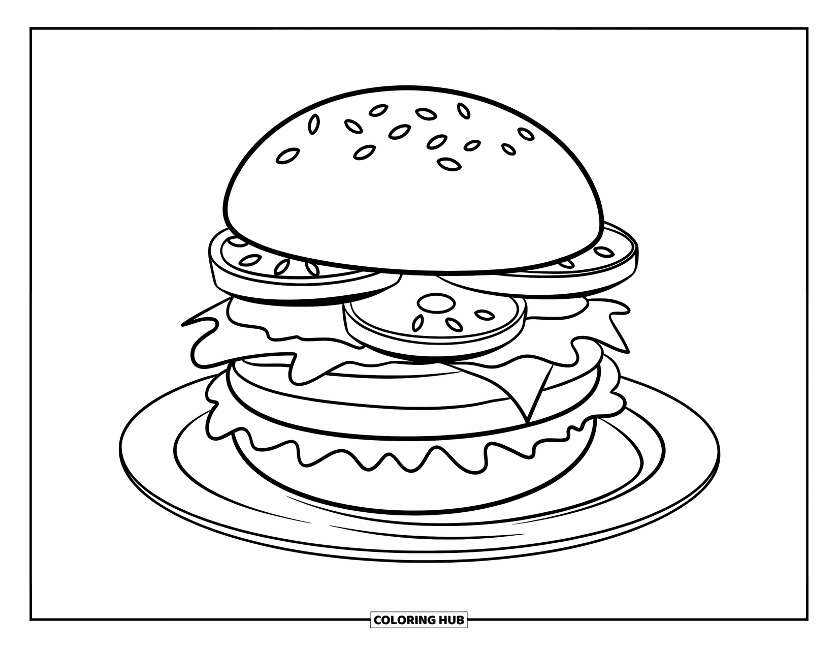 Hamburger Coloring Page for Kids: Layered hamburger on a beige plate, shown in a three-quarter view