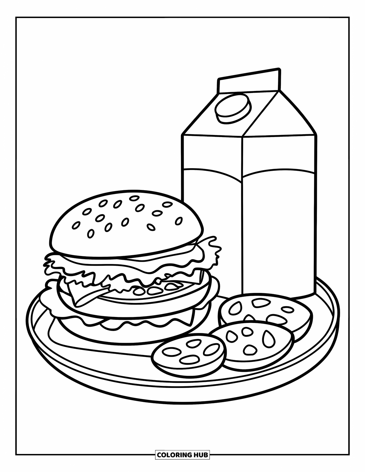 Hamburger Coloring Page for Kids: Neat tray with burger, fruit slices, and upright milk carton