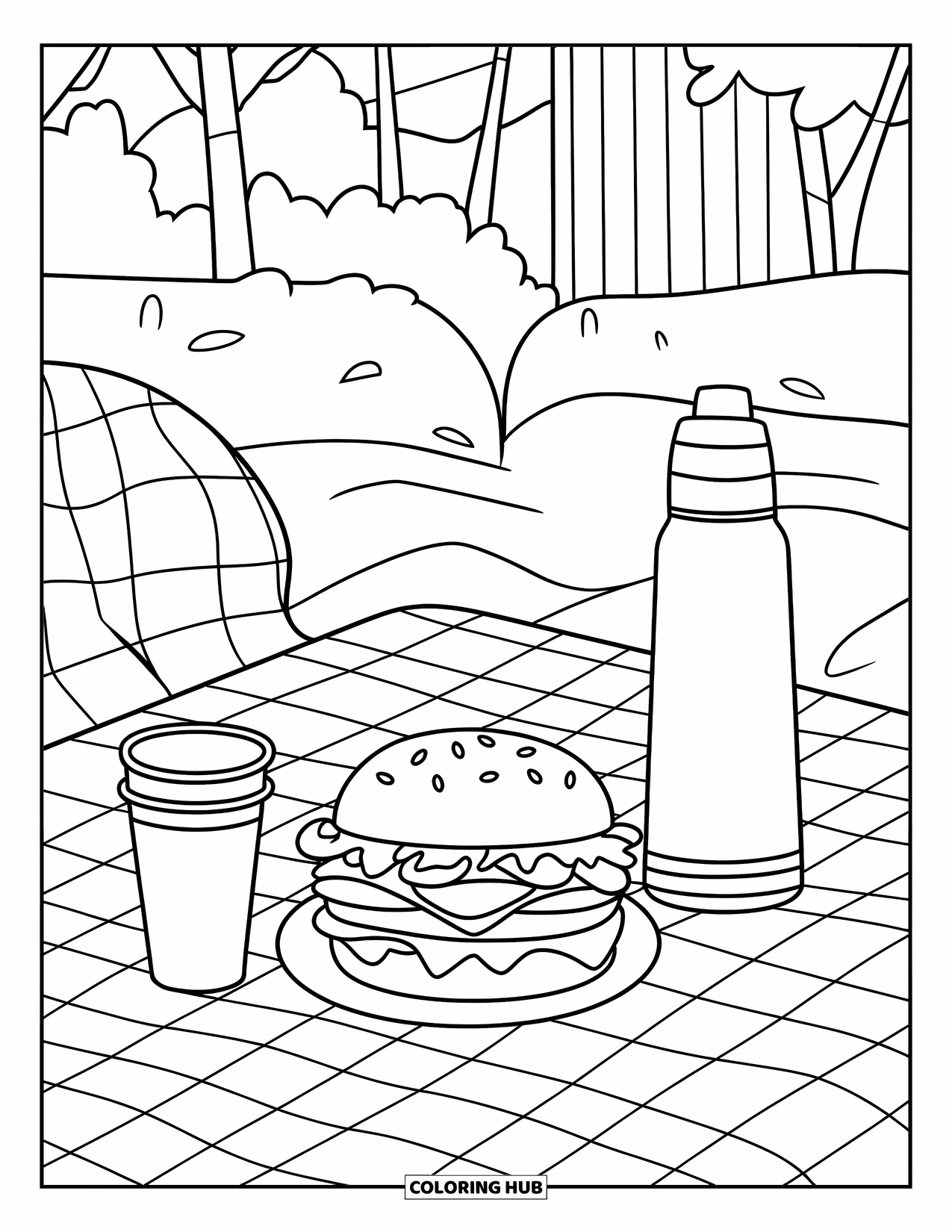 Hamburger Coloring Page for Kids: Picnic setup with burger, thermos, and checkered table