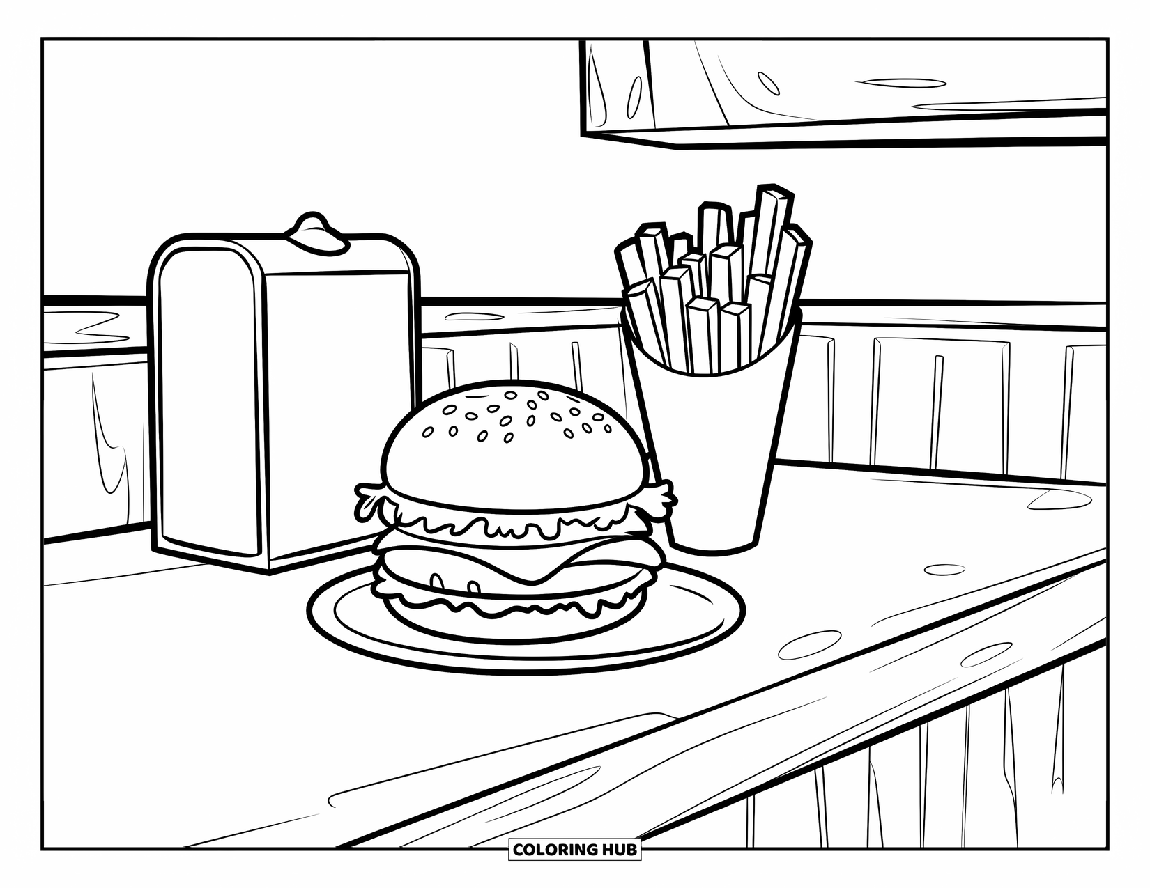 Hamburger Coloring Page for Kids: Plate with burger, fries, and napkin holder on wood counter