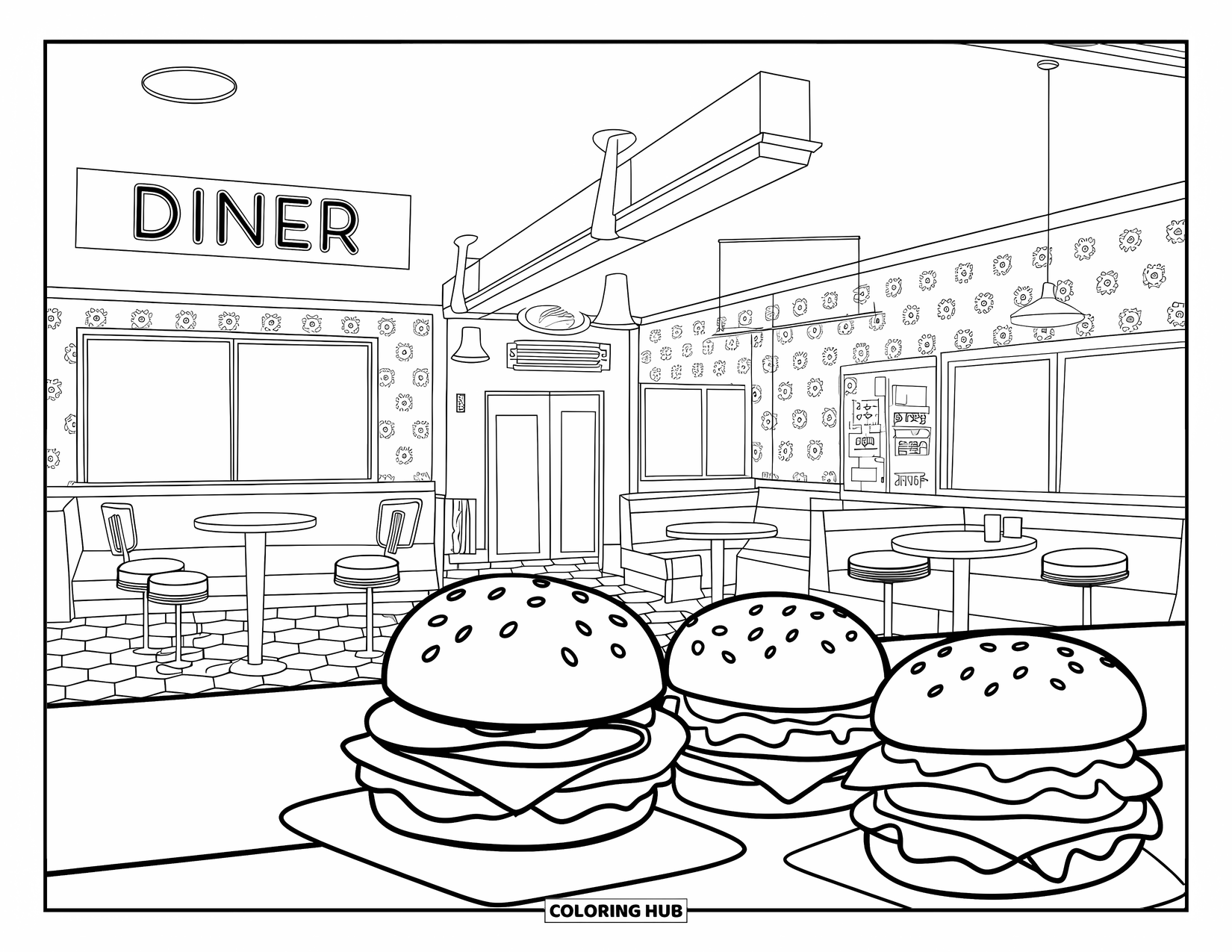 Hamburger Coloring Page for Kids: Retro diner with burgers, stools, and checkered floors