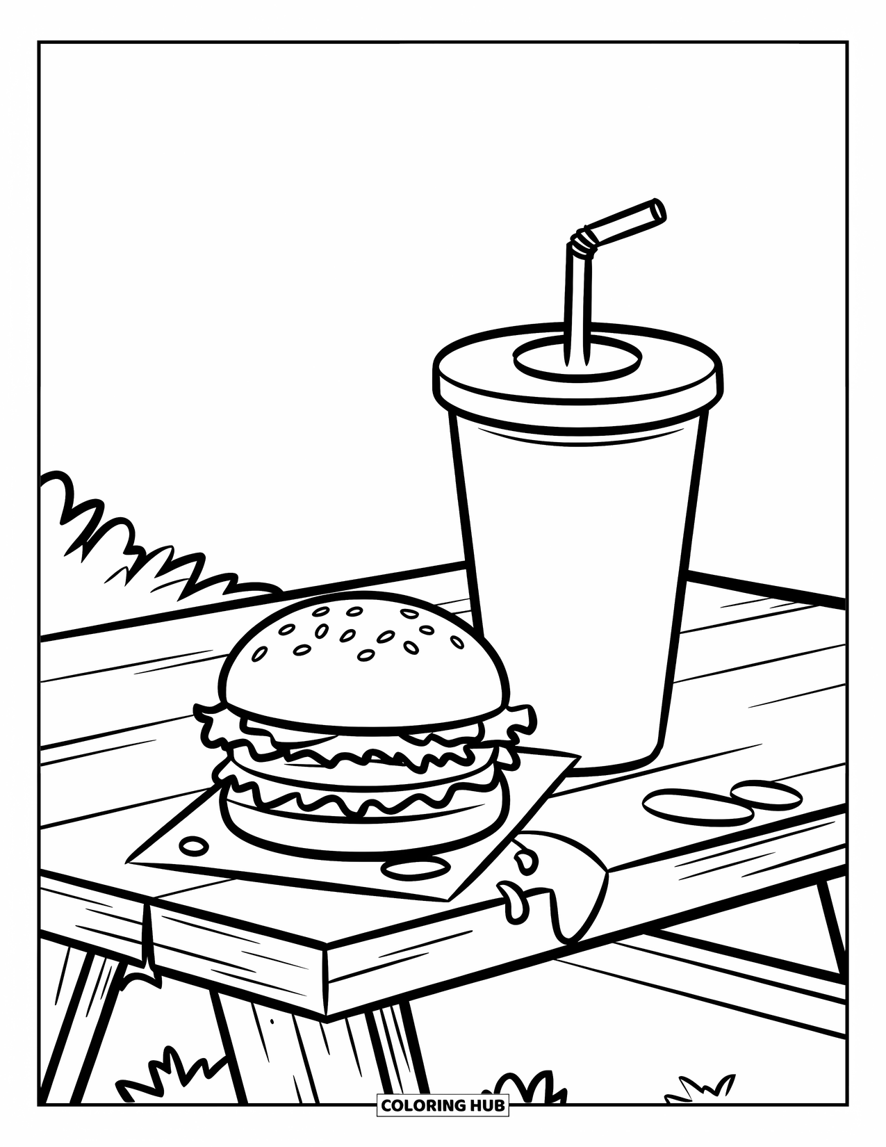 Hamburger Coloring Page for Kids: Simple hamburger and drink on a picnic table with a few sauce drops