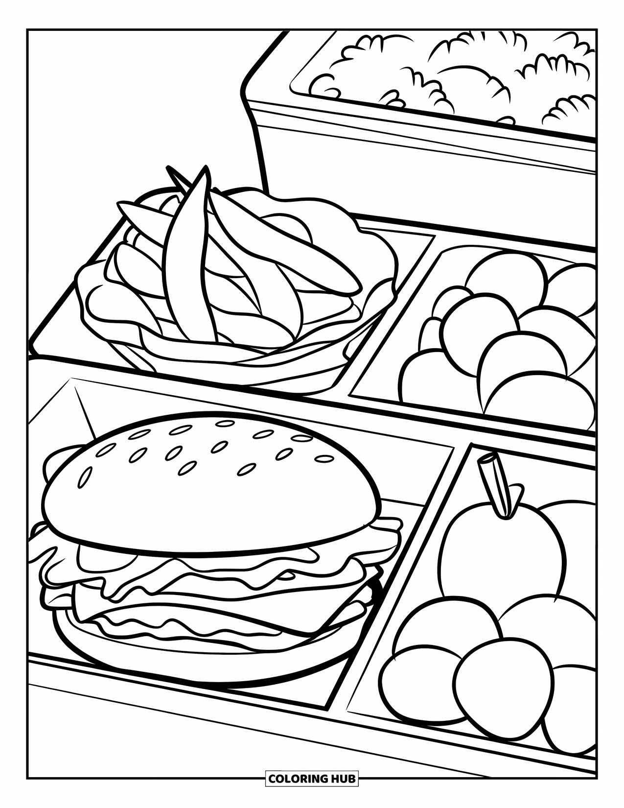 Hamburger Coloring Page for Kids: Stylish bento with burger, rice balls, and fruits