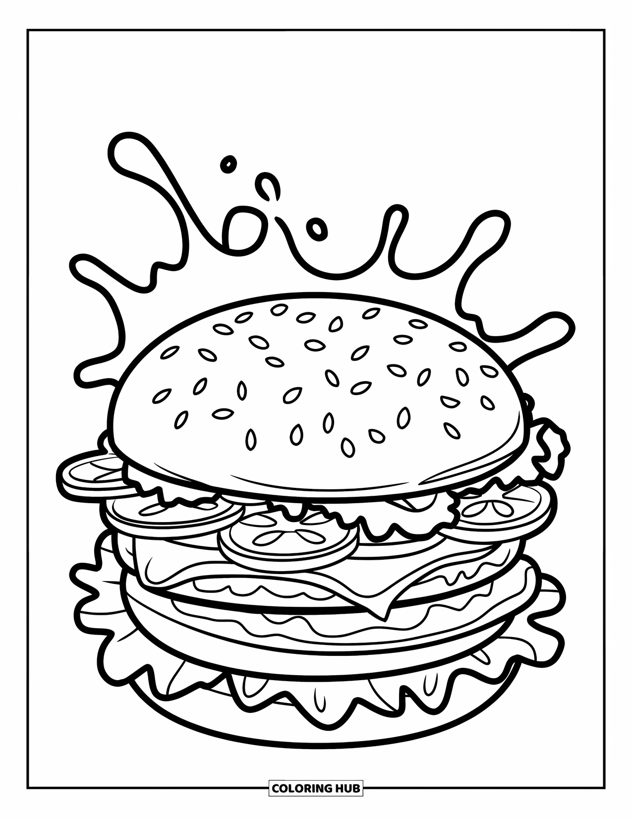 Hamburger Coloring Page for Kids: Triple-patty burger with lettuce, tomato, and soda splash