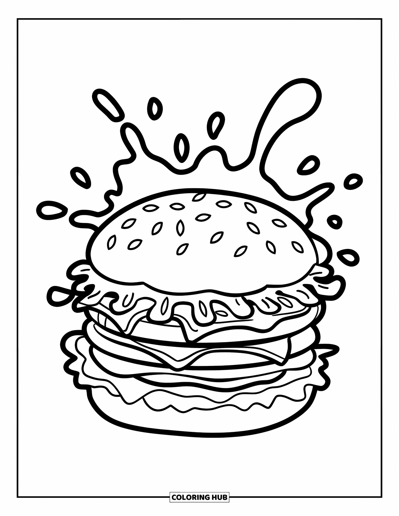 Hamburger Coloring Page for Kids: Triple-patty burger with soda splash behind