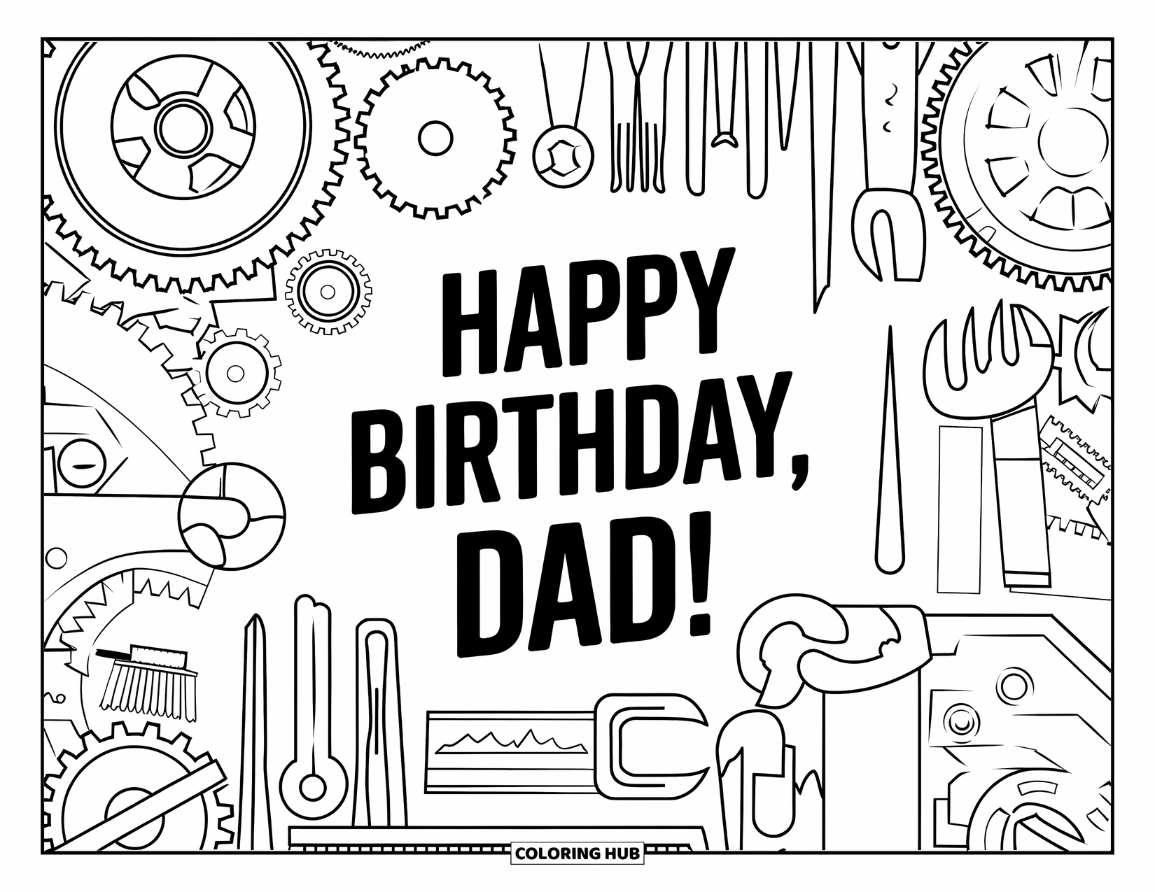 Happy Birthday Dad Coloring Page for Adults: A bold "Happy Birthday, Dad!" stands out in a collage of tools and hardware