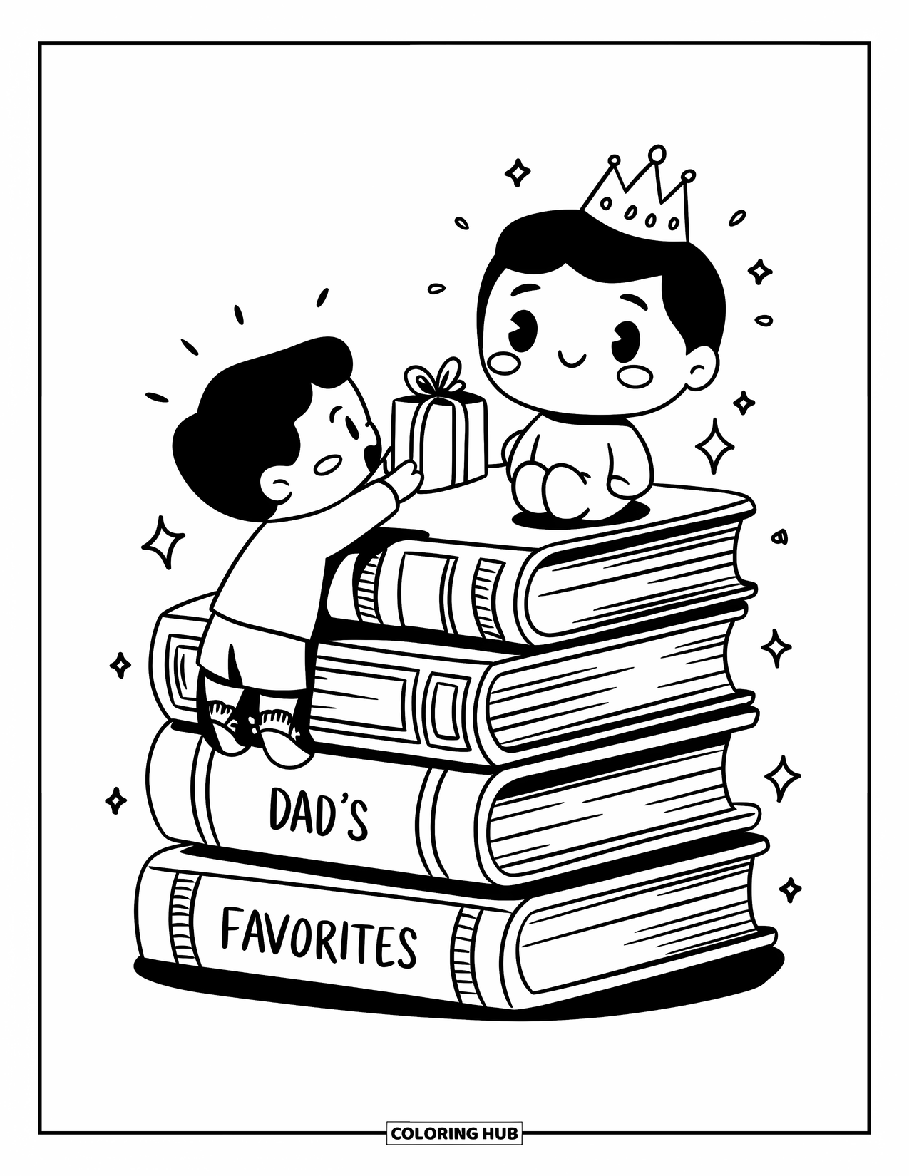 Happy Birthday Dad Coloring Page for Adults: A child climbs "Dad's Favorites" books to deliver a gift to Dad in a crown