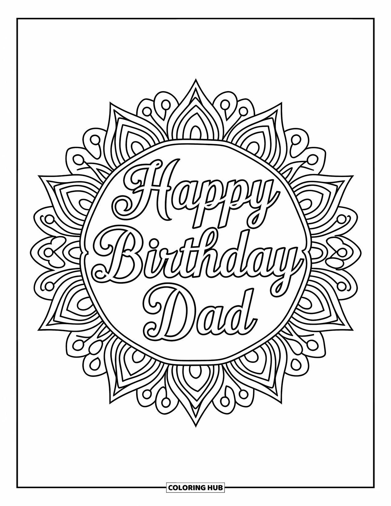 Happy Birthday Dad Coloring Page for Adults: A classic record player plays tunes next to a card labeled "To Dad"