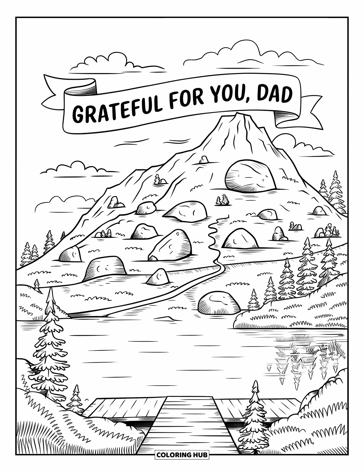 Happy Birthday Dad Coloring Page for Adults: A rocky mountain trail winds beneath a banner reading "Grateful for You, Dad"