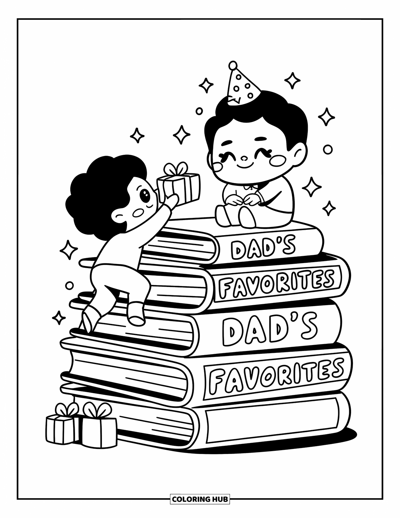 Happy Birthday Dad Coloring Page for Adults: A smiling Dad sits on favorite books while a child climbs up with a surprise gift