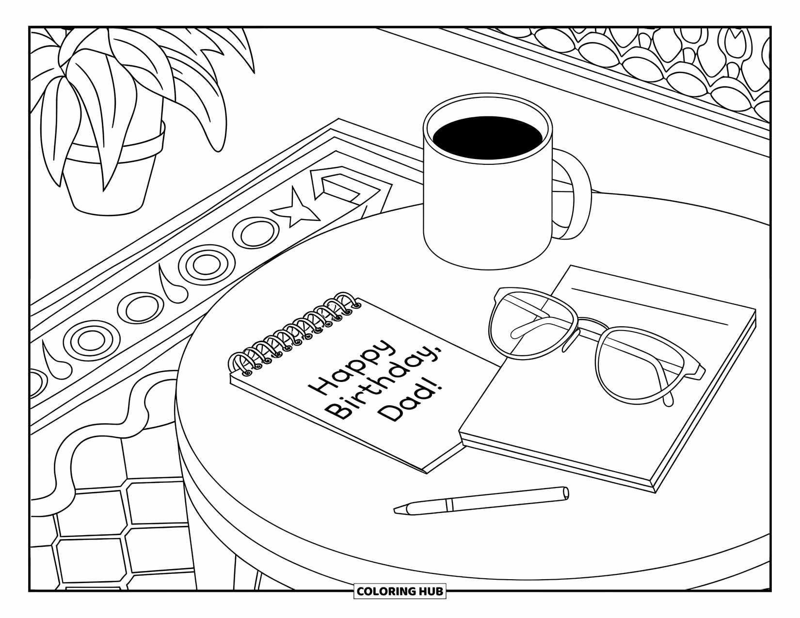 Happy Birthday Dad Coloring Page for Adults: A thoughtful birthday setup with a card, mug, and notepad on a wooden table