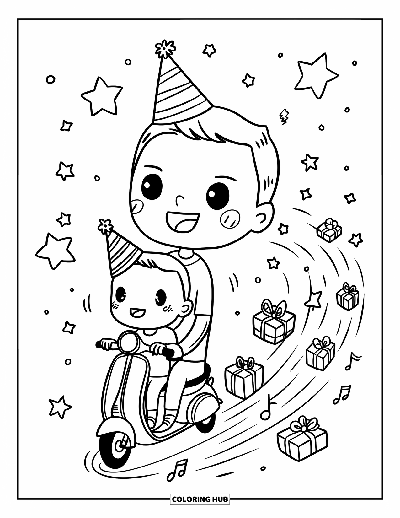 Happy Birthday Dad Coloring Page for Adults: Dad and child race through a dreamy field of stars and presents with party joy