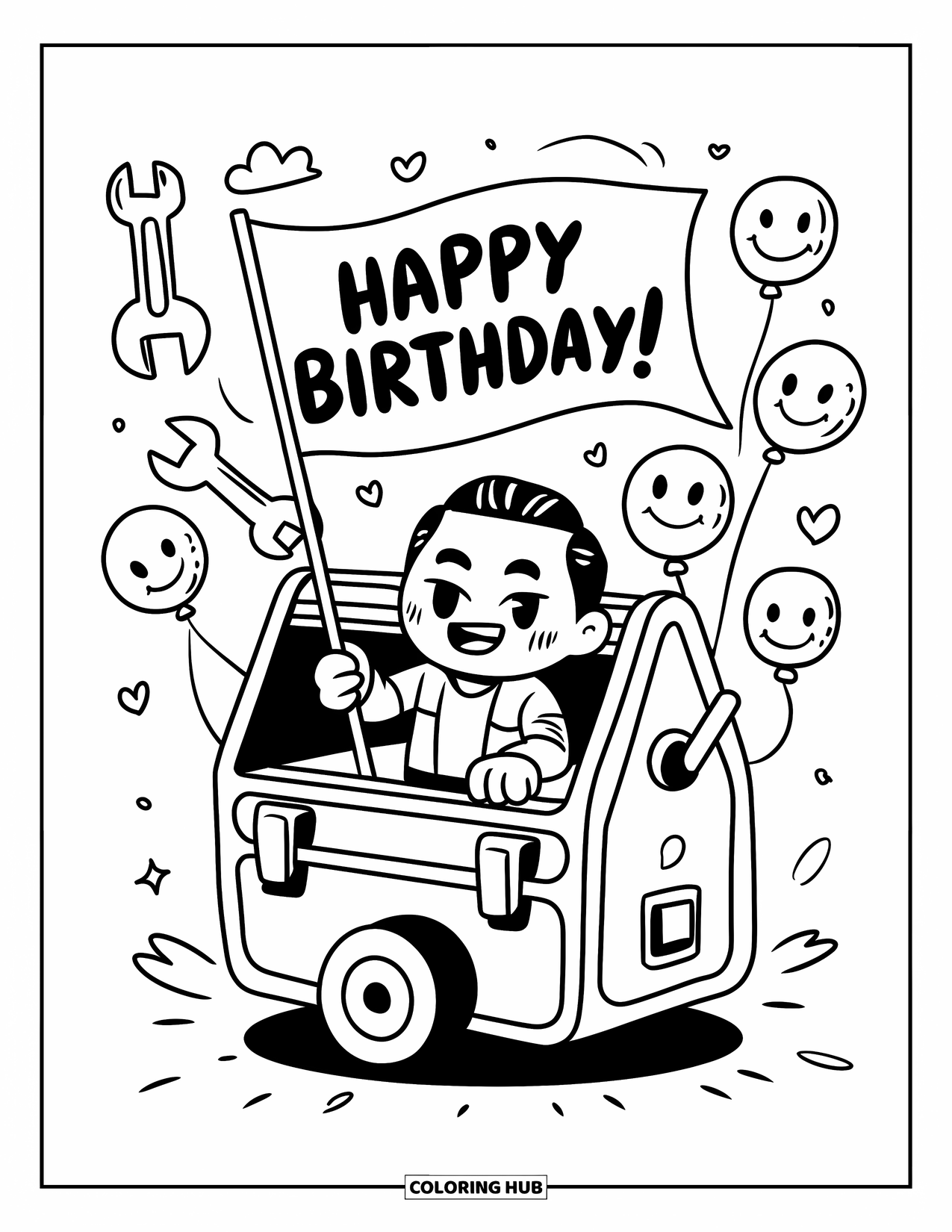 Happy Birthday Dad Coloring Page for Adults: Dad waves from a toolbox float with balloons shaped like tools and smiley faces