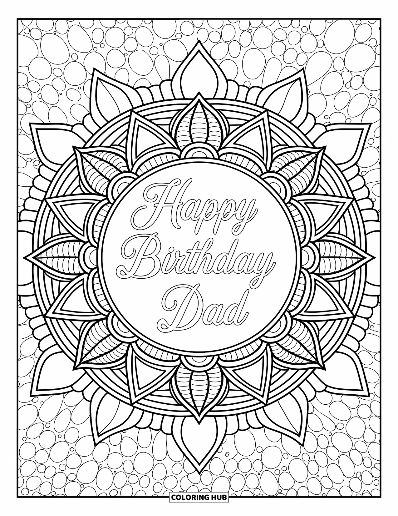 Happy Birthday Dad Coloring Page for Adults: Swirling mandala patterns surround the message "Happy Birthday Dad"