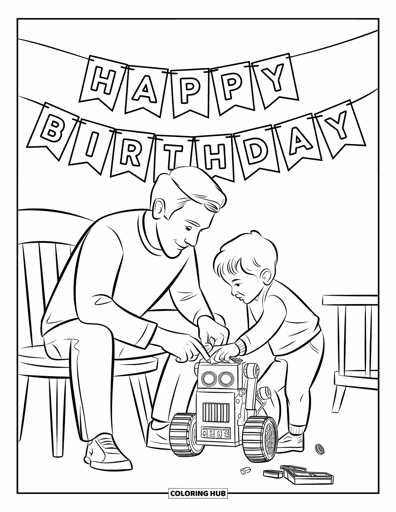 Happy Birthday Dad Coloring Page for Kids: A birthday banner hangs above as Dad and child create a robot together