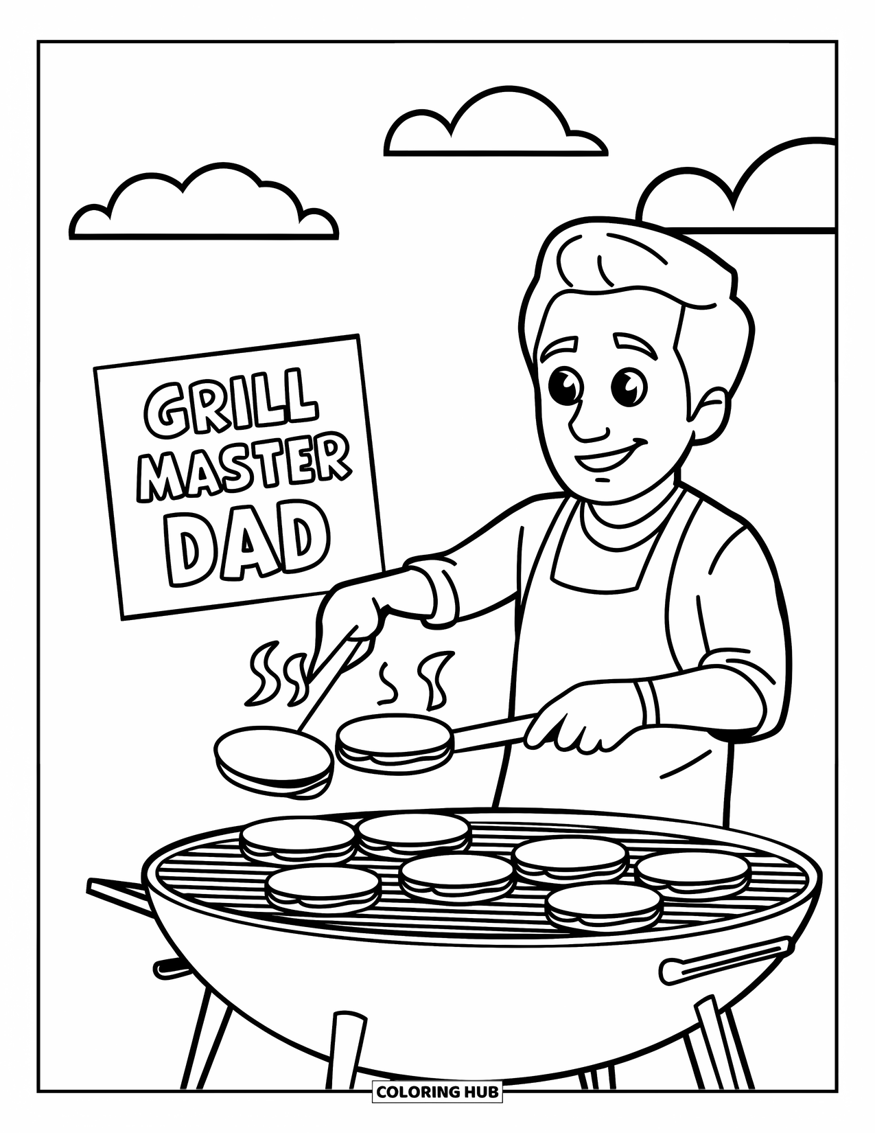 Happy Birthday Dad Coloring Page for Kids: A cheerful BBQ scene with Dad flipping burgers and a "Grill Master Dad" card nearby