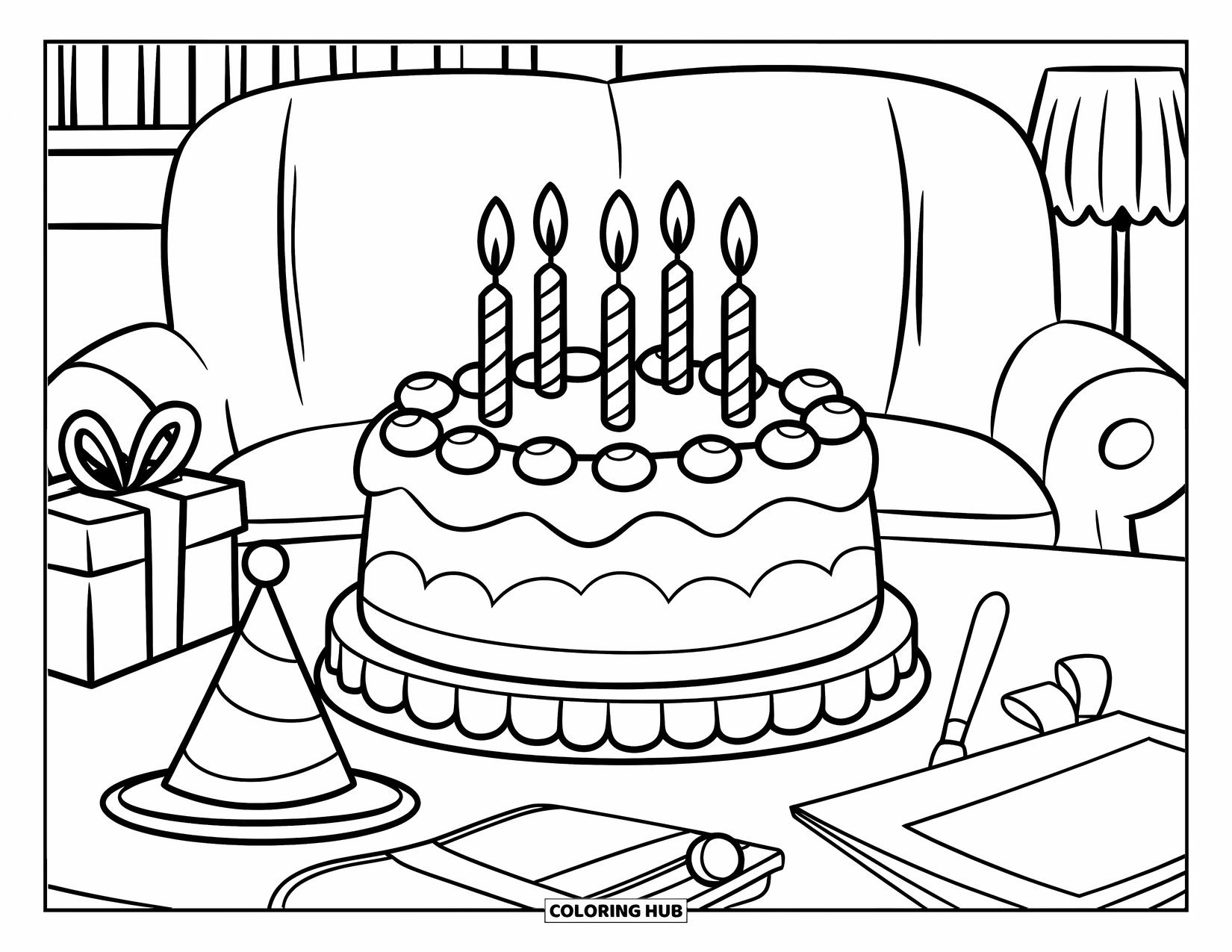 Happy Birthday Dad Coloring Page for Kids: A cozy room with cake, gifts, and birthday cheer just for Dad