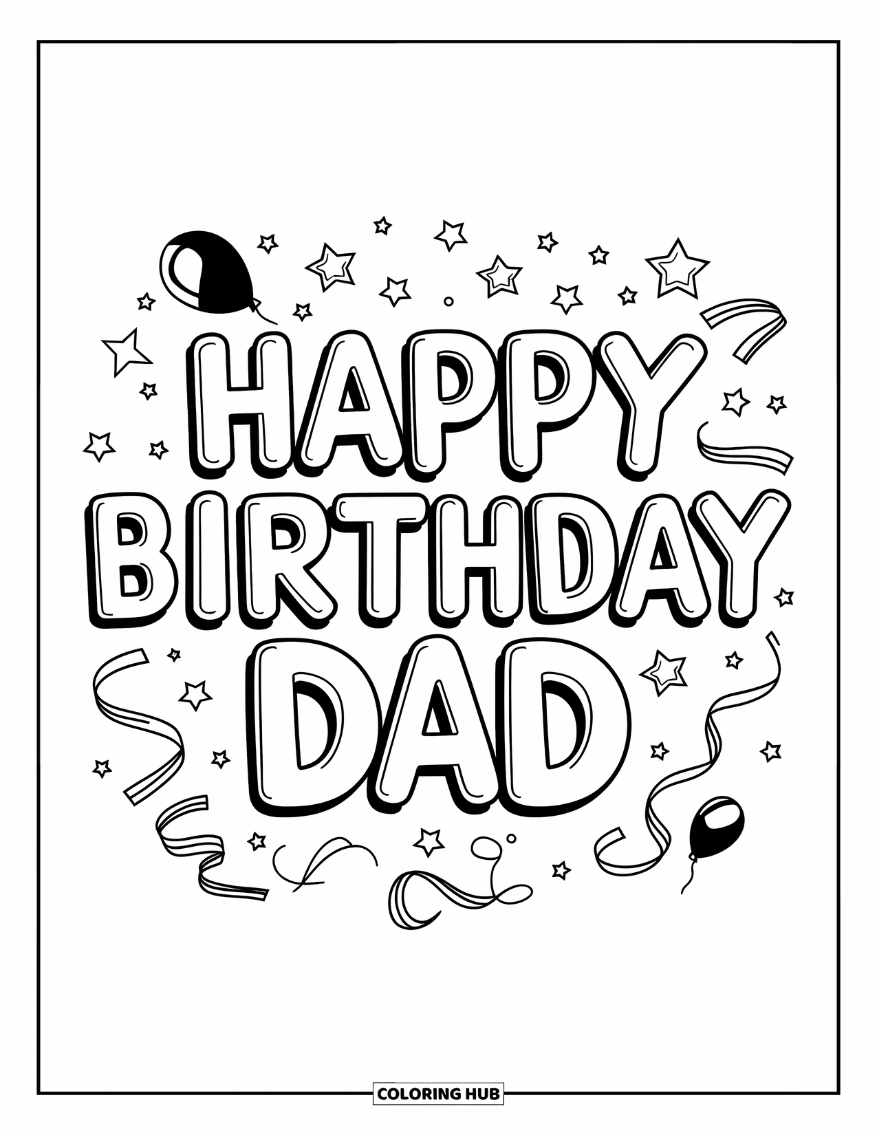 Happy Birthday Dad Coloring Page for Kids: A festive "Happy Birthday Dad" message floats among stars and streamers