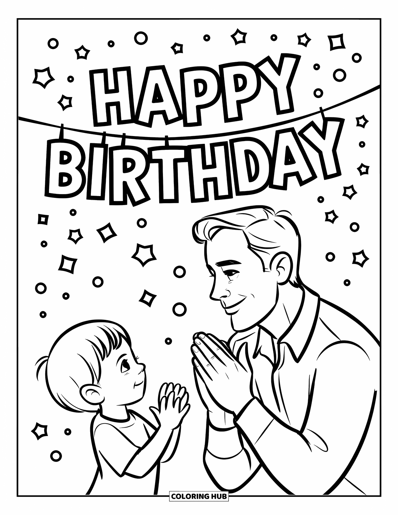 Happy Birthday Dad Coloring Page for Kids: A fun birthday moment as Dad and child clap hands together