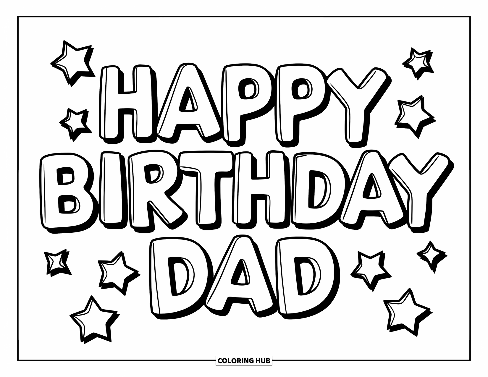 Happy Birthday Dad Coloring Page for Kids: A fun display of balloon letters and stars spells out "Happy Birthday Dad"