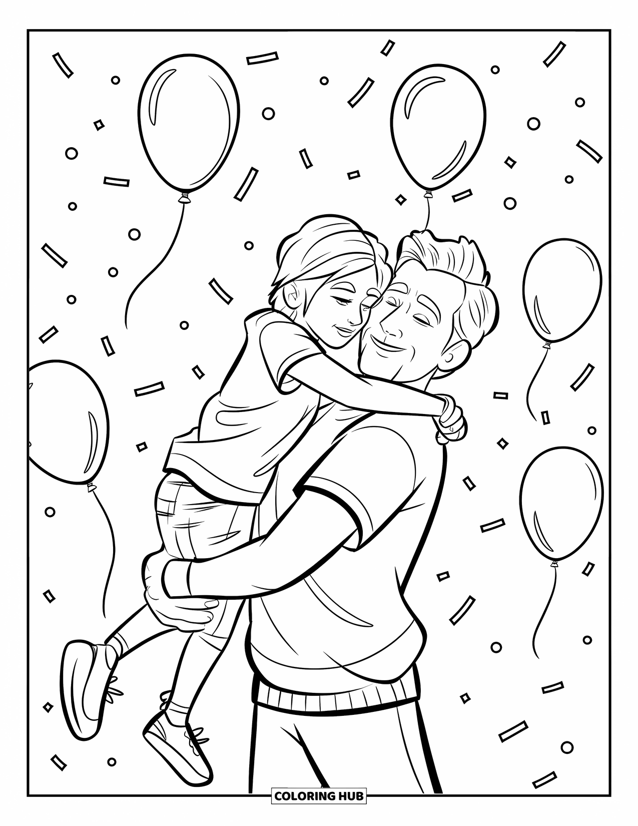 Happy Birthday Dad Coloring Page for Kids: A fun, festive hug between Dad and teen with confetti and floating balloons