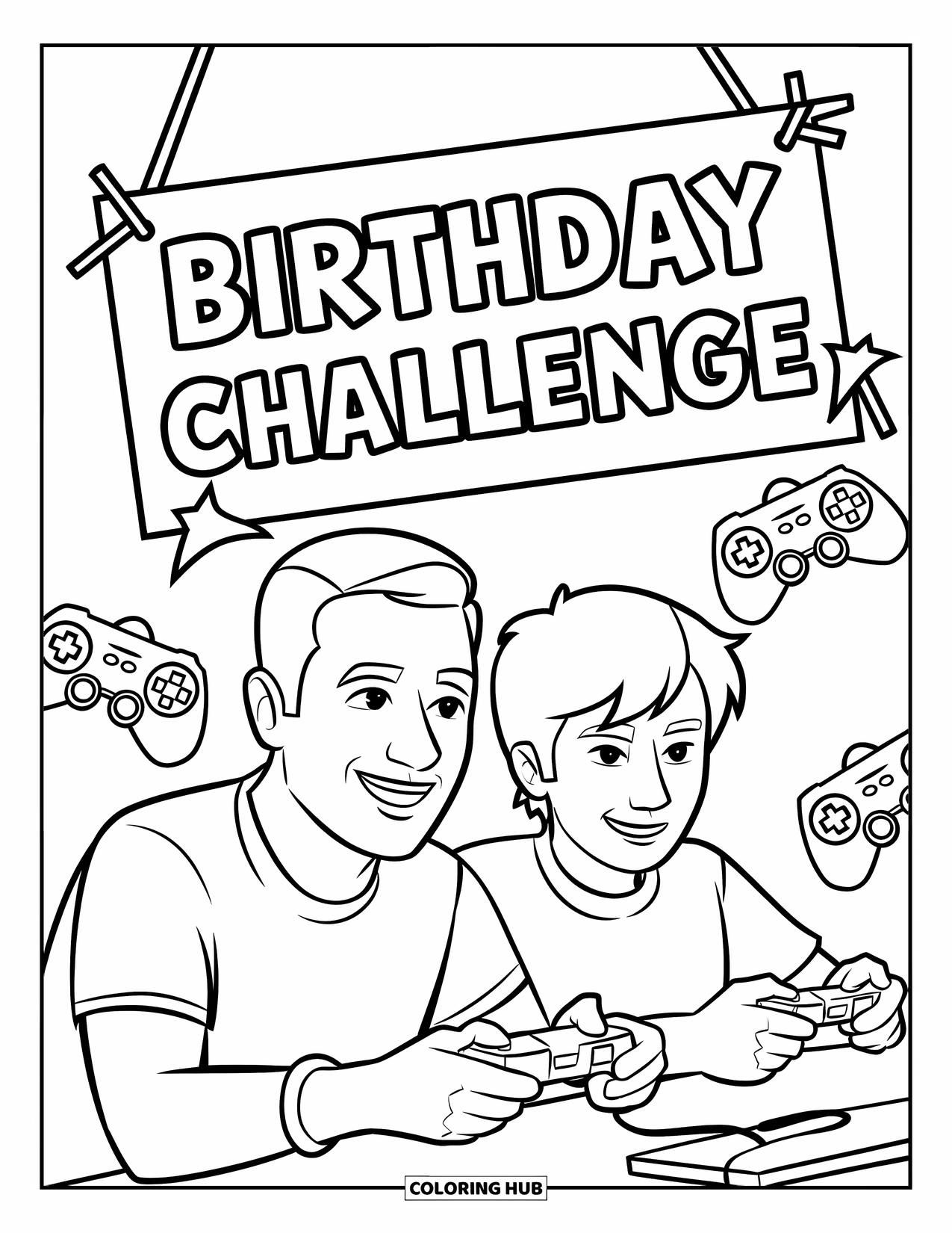 Happy Birthday Dad Coloring Page for Kids: A gaming session kicks off between Dad and teen with controllers in hand