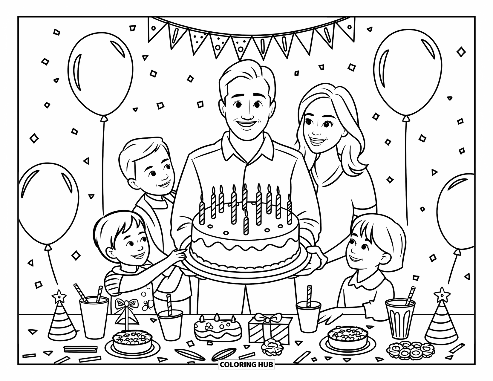 Happy Birthday Dad Coloring Page for Kids: A happy family surrounds Dad with cake, balloons, and festive birthday treats
