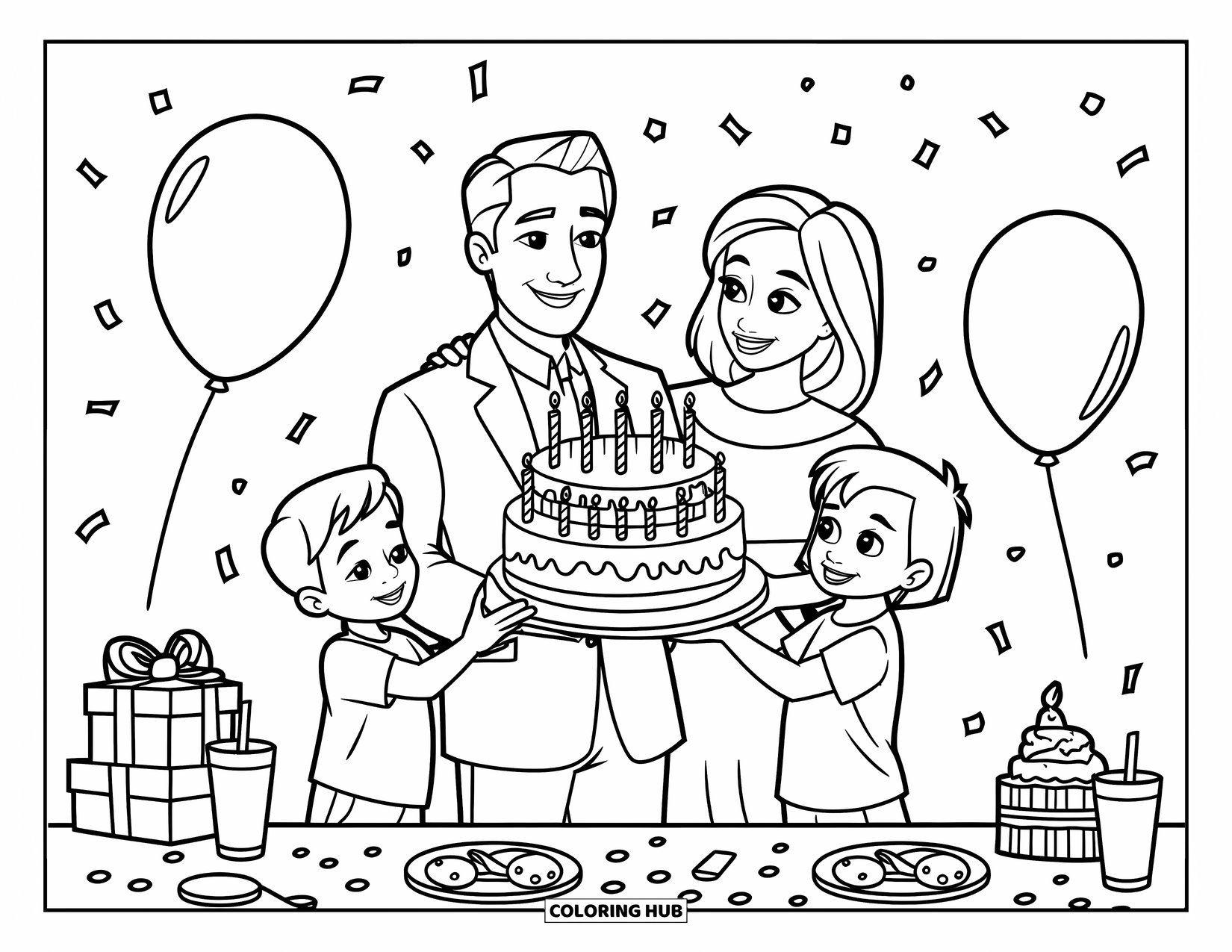 Happy Birthday Dad Coloring Page for Kids: A joyful birthday scene with Dad, his wife, and kids surrounded by party fun