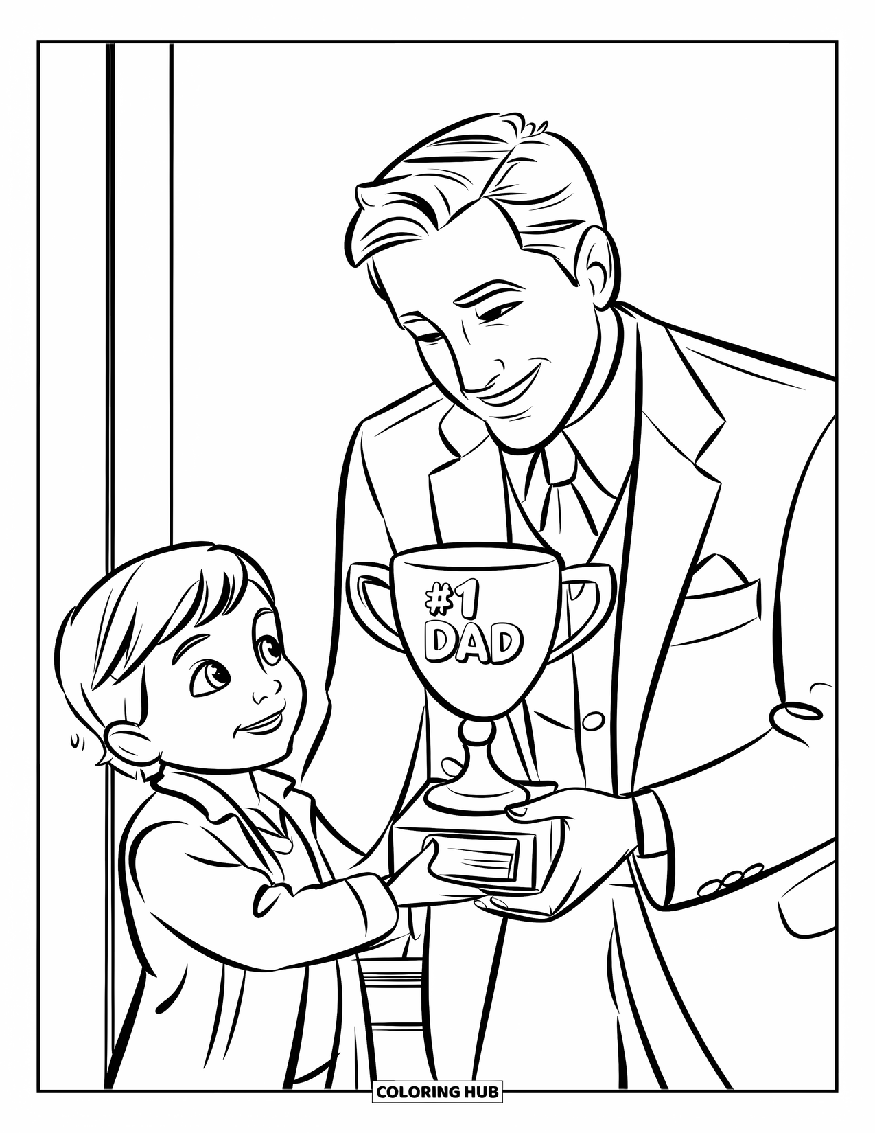 Happy Birthday Dad Coloring Page for Kids: A joyful Dad holds a "#1 Dad" trophy given by his kid